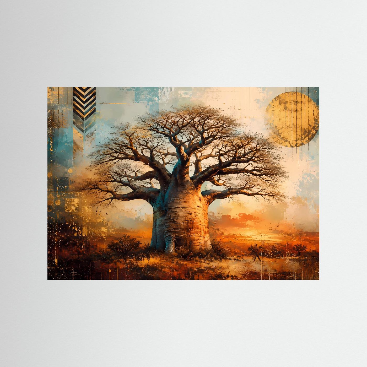 Majestätischer Baobab-Baum im Sonnenuntergang | Modernes Wandbild mit Natur-Motiv & Gold-Akzenten