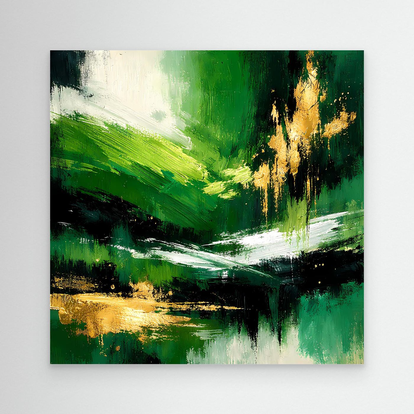 Leinwand Abstraktes Landschaftsgemälde in Smaragdgrün und Gold | Modernes Natur Wandbild