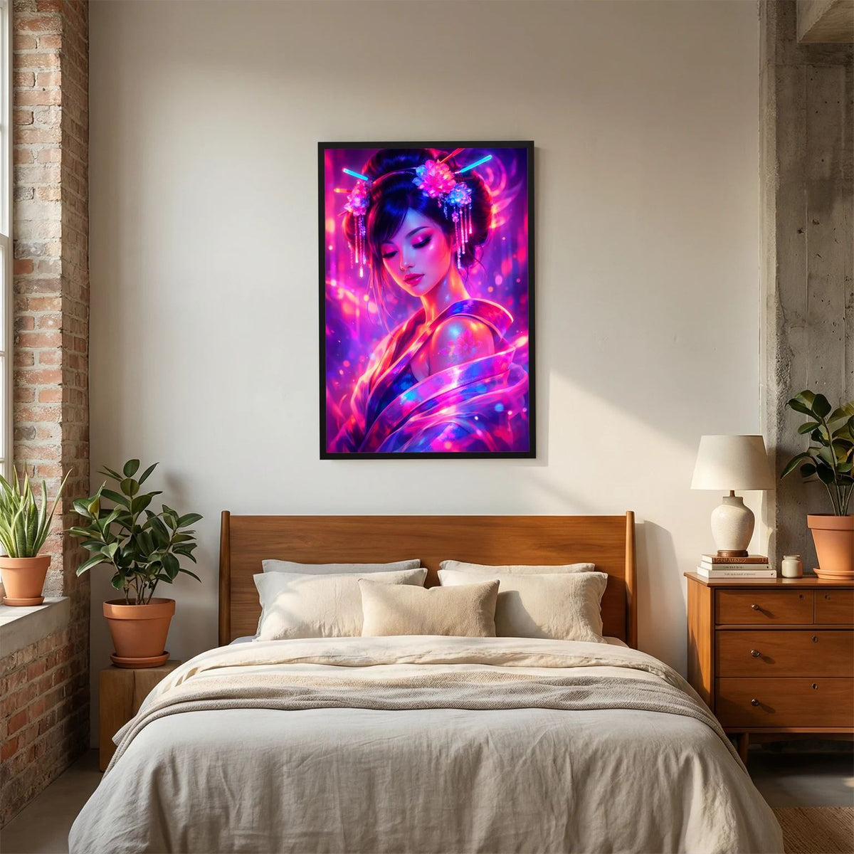 Neon-Poster mit japanischer Frau, schwarz gerahmt, Stirnhaarschmuck und Neon-Glow