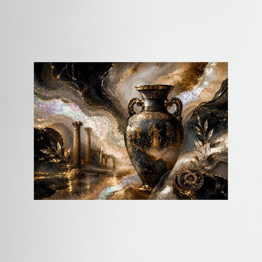Bild mit antiker Amphore in Schwarz und Gold, ohne Rahmen