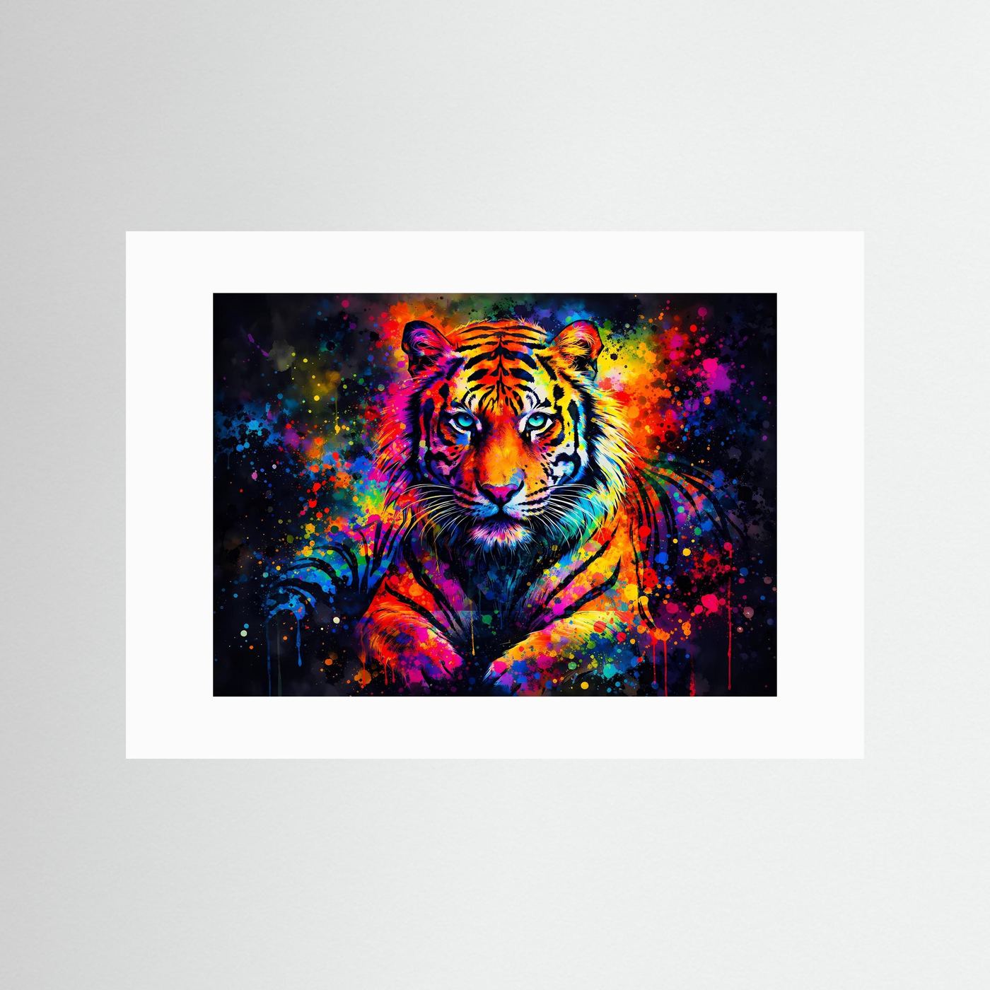 Tiger-Pop-Art-Poster im Querformat mit Tiger im Spritzfarben-Look und weißem Passepartout