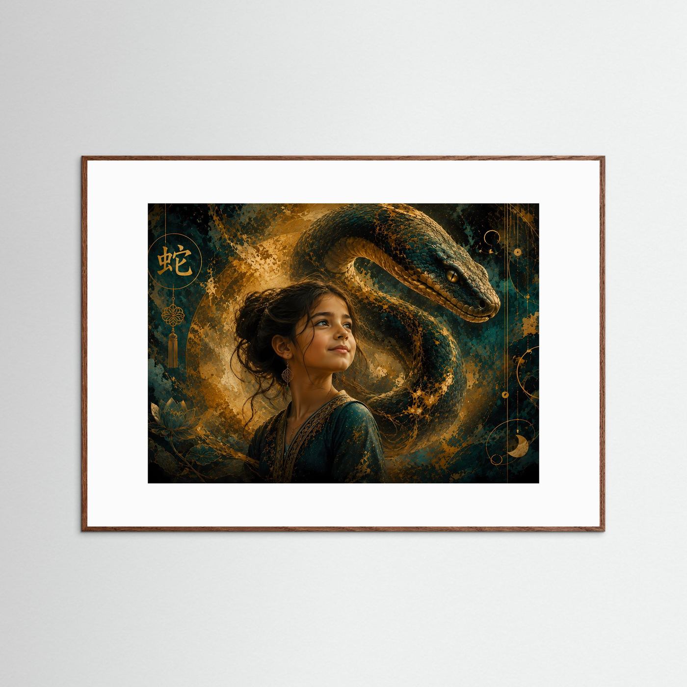Fantasy-Poster im Querformat: Frau mit grüner Schlange, Gold- und Petroltönen, brauner Holzrahmen