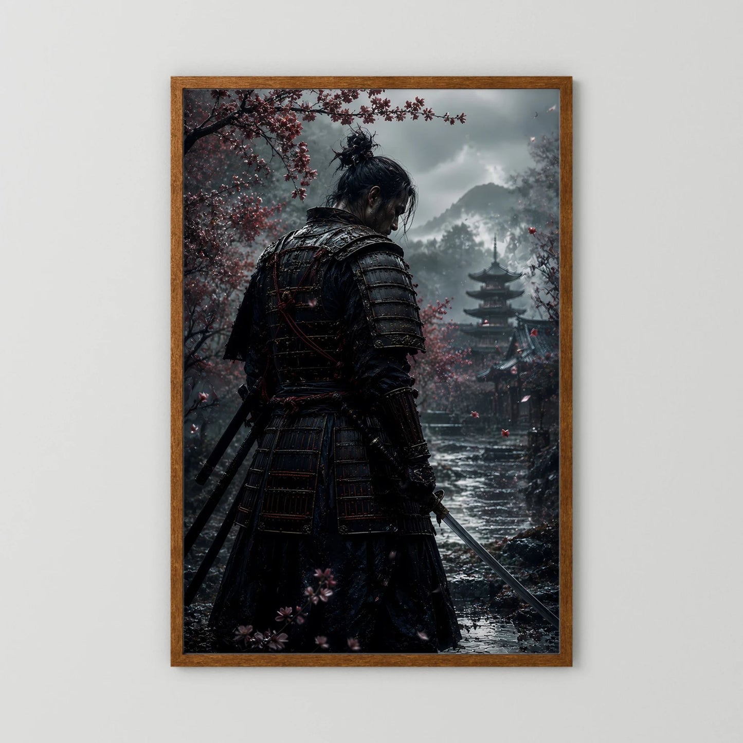 Gerahmtes Poster: Samurai von hinten, Kirschblütenzweige und japanischer Tempel im Hintergrund