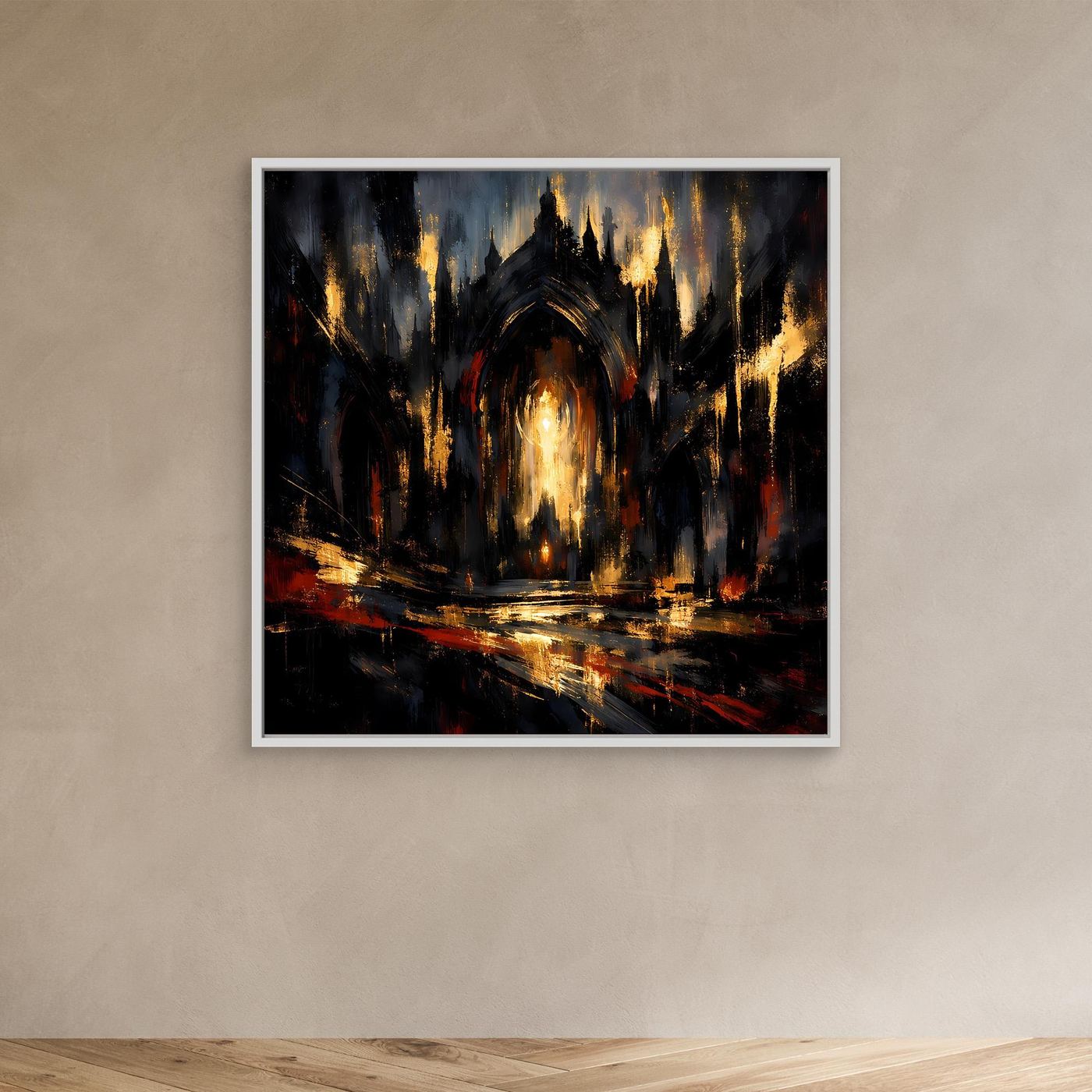 Abstraktes Leinwandbild mit hellem Rahmen, gotische Kathedrale dunkel, Gold und Rot.