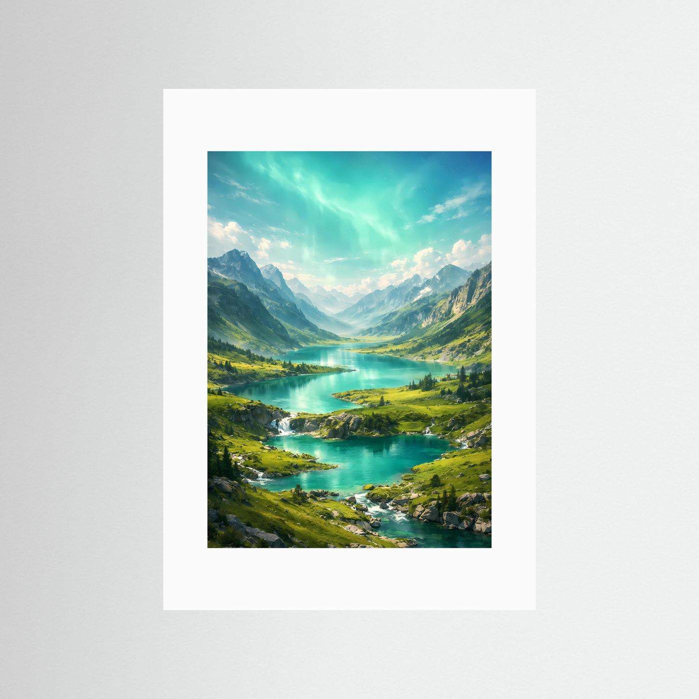 Hochformatiges Bergsee-Poster mit türkisfarbenem Wasser, grünen Wiesen und weißem Passepartout