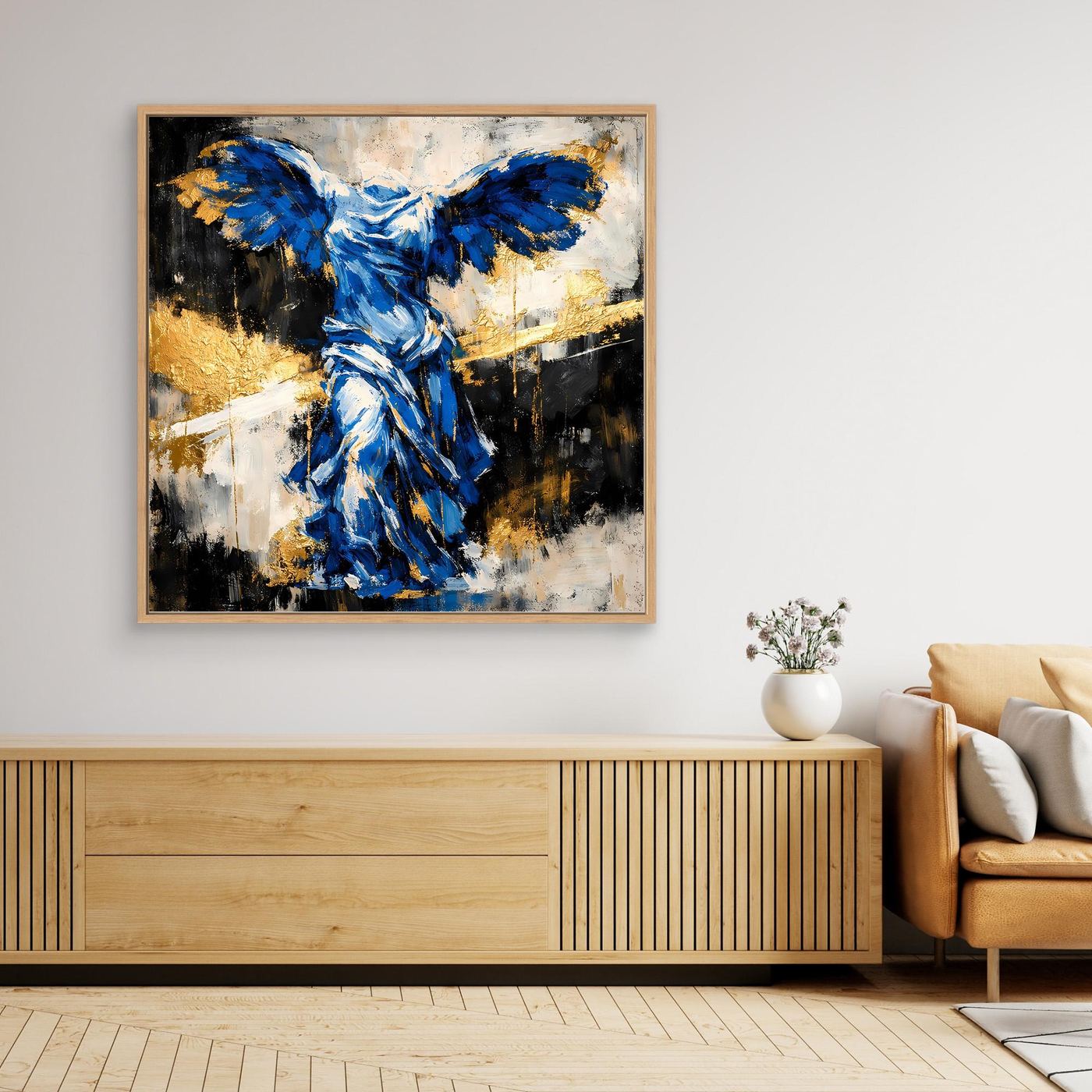 Leinwand Nike von Samothrake in Blau | Abstraktes Skulpturen Wandbild Gold