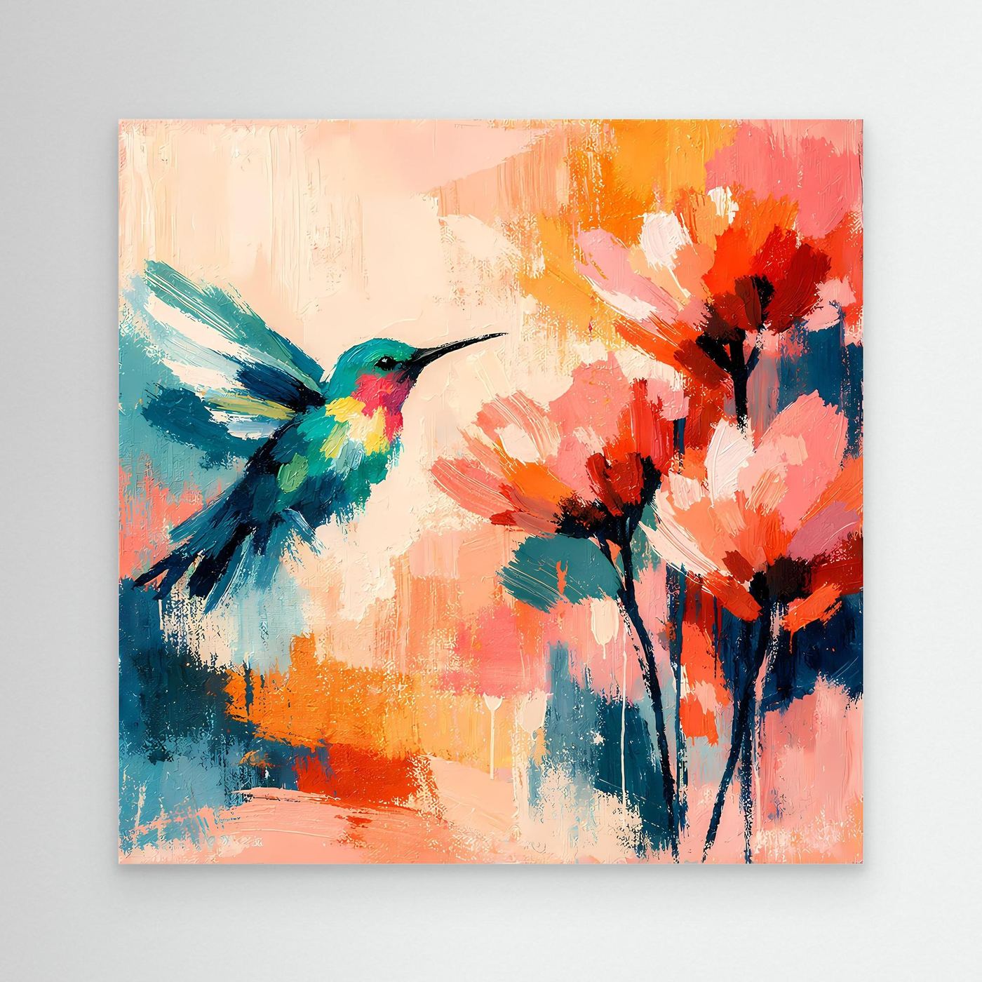 Abstract canvas hummingbird wall art with colorful flowers, no frame