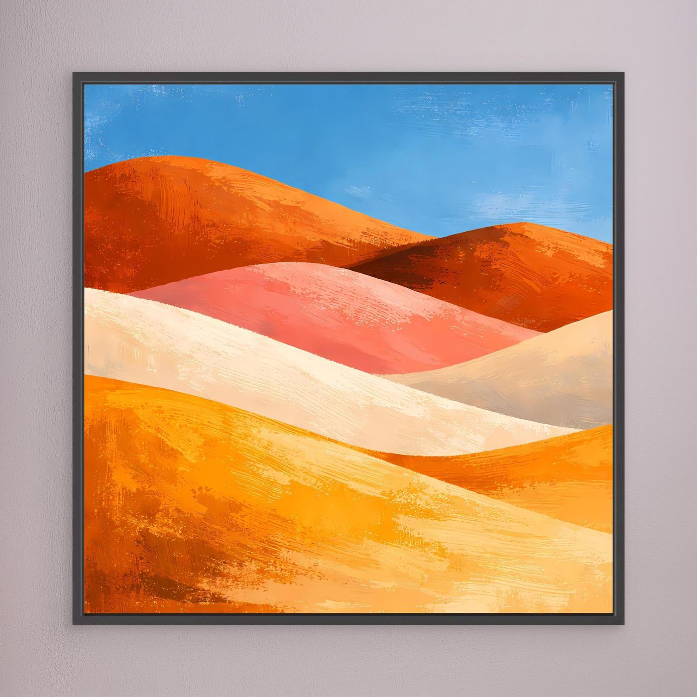 Abstraktes Wandbild auf Leinwand mit Dünen in Orange und Rosa, dunkel gerahmt