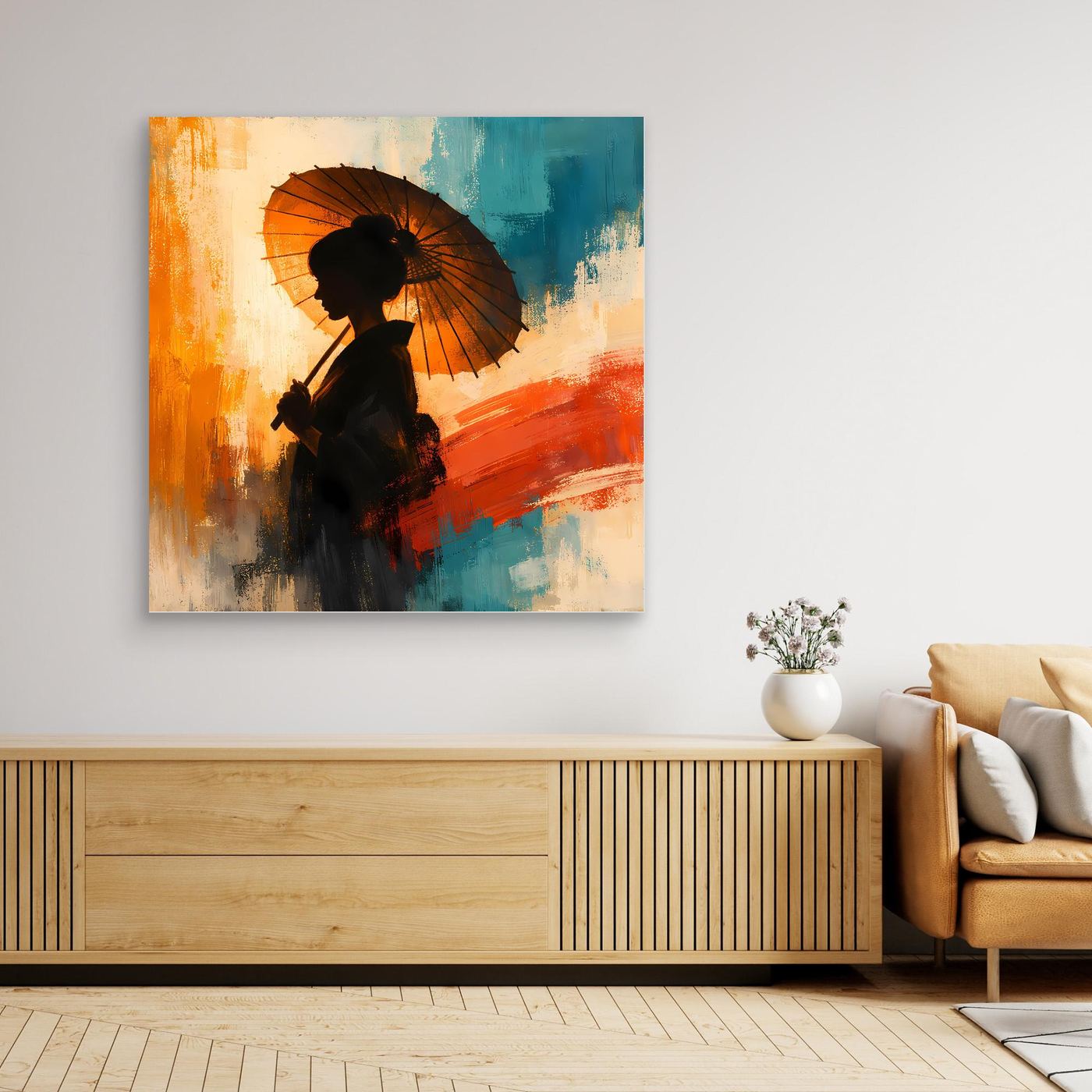 Leinwand Elegante Frau mit Sonnenschirm | Ästhetisches Japanisches Wandbild auf Keilrahmen