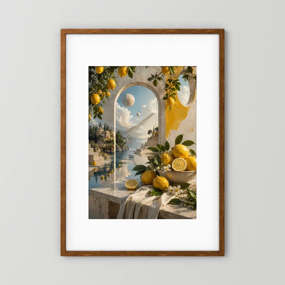 Kunstposter im Hochformat mit mediterraner Küstenlandschaft und Zitronen, brauner Holzrahmen