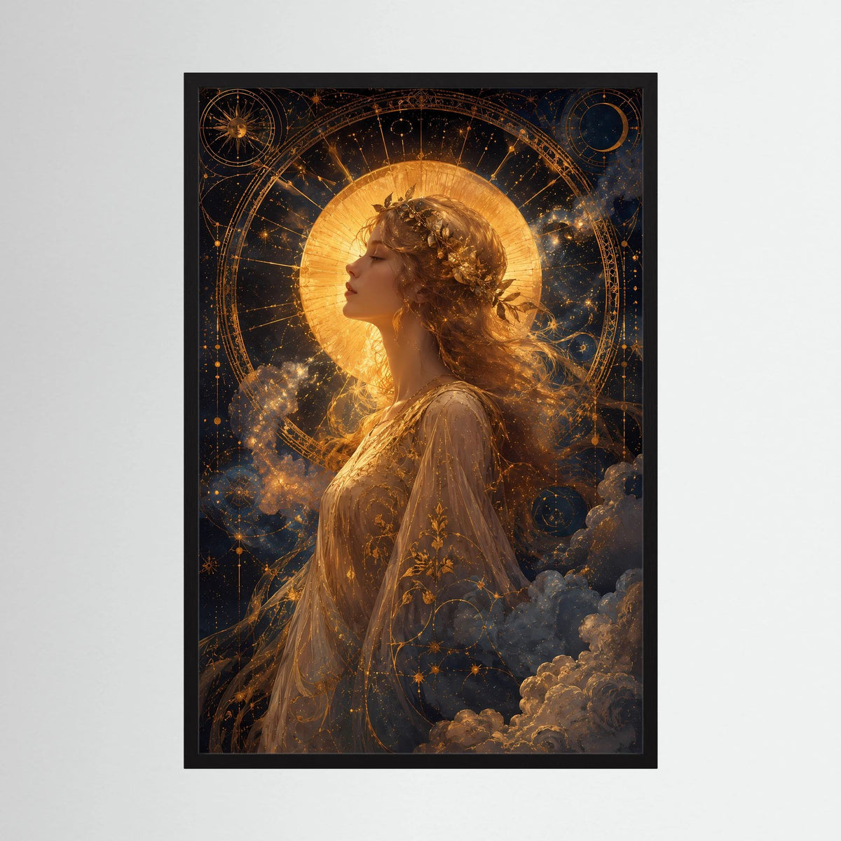 Poster im Hochformat mit goldener Frau im Profil, Sonne, Mond und Sternen, schwarzer Rahmen