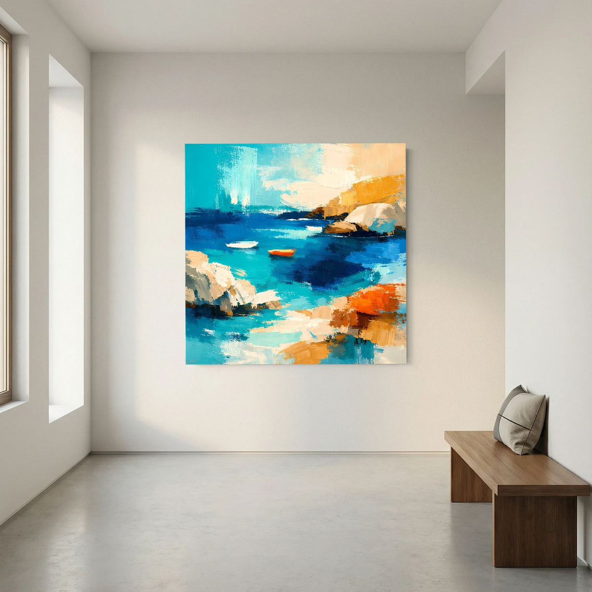 Gerahmtes Leinwandbild mit abstraktem Meer und Boot, Akzente in Orange