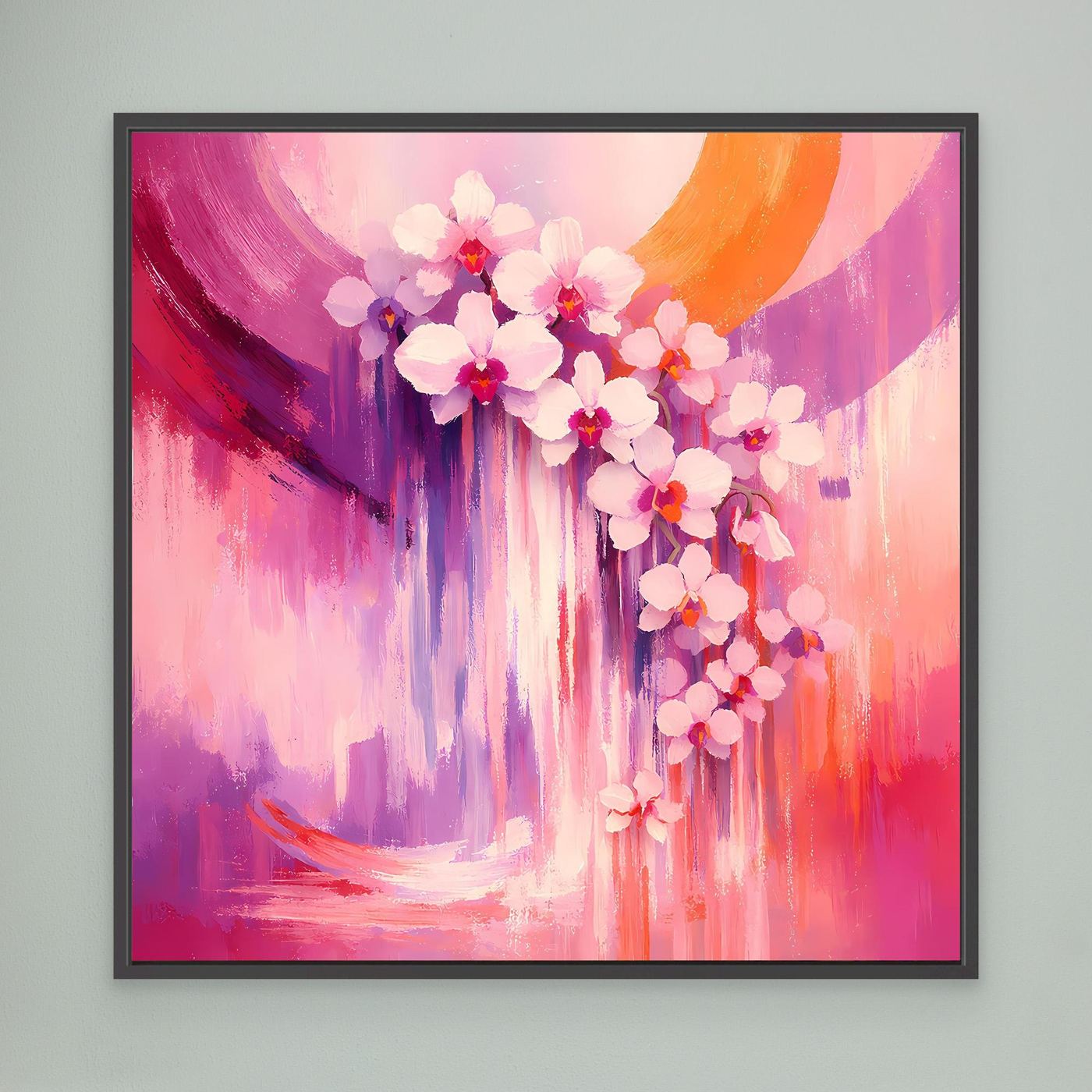 Abstraktes Wandbild mit Orchideenblüten, rosa-violetter Farbverlauf, schwarzer Rahmen