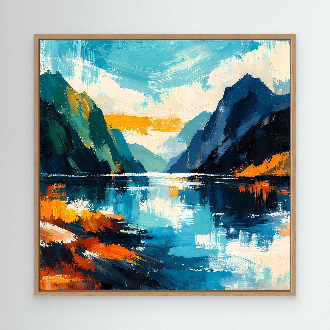 Abstraktes Leinwandbild mit Fjord-Landschaft in Blau-Orange, gerahmt in hellem Holz (Eiche).