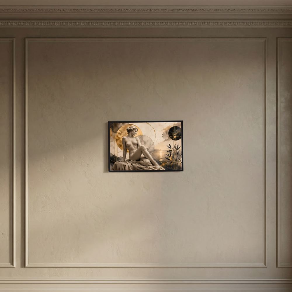 Wandposter mit sitzender nackter Frauenstatue, antikes Sepia-Motiv, Goldakzente, in dunklem Rahmen