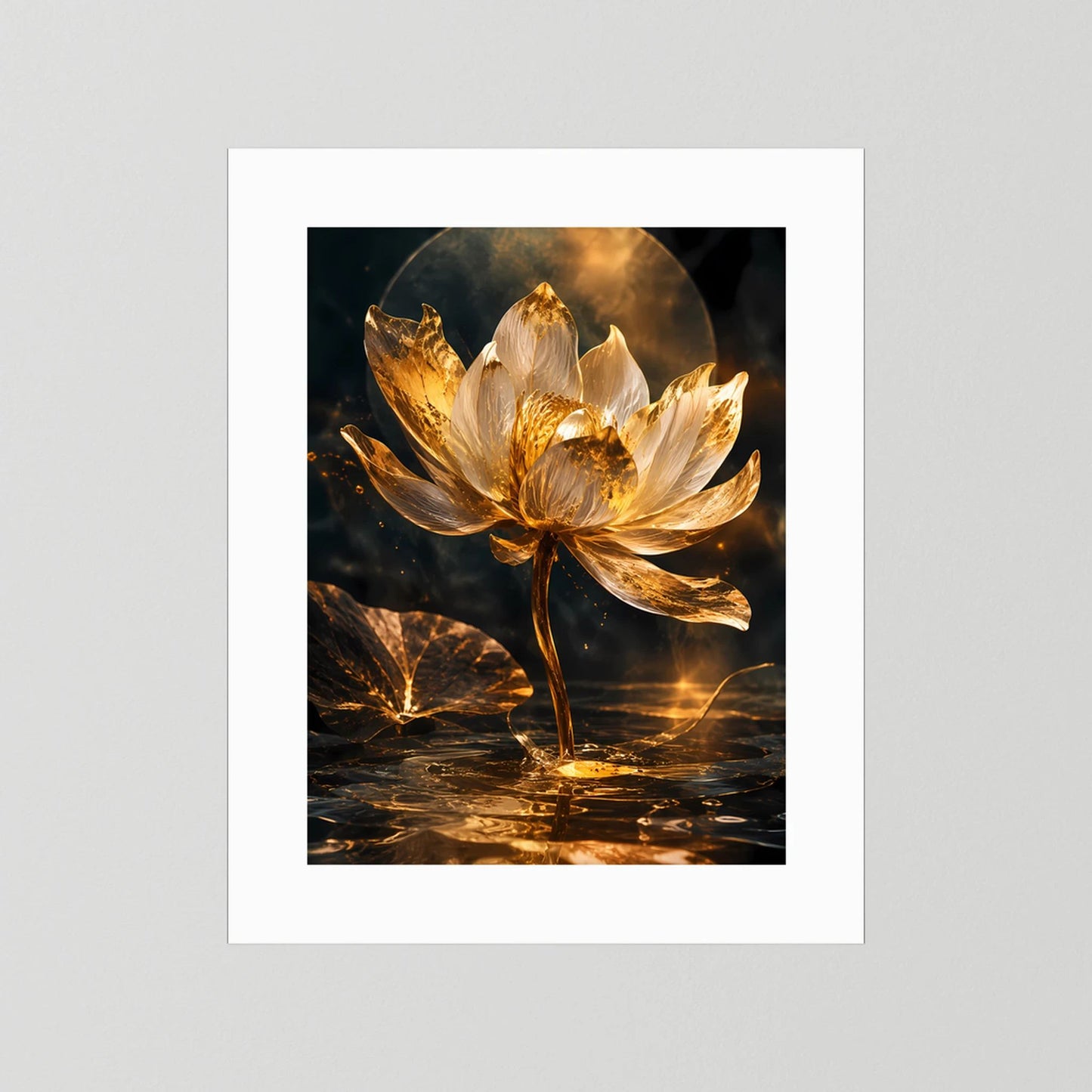 Poster ohne Rahmen mit weißem Rand: goldene Lotusblüte auf dunklem Hintergrund.