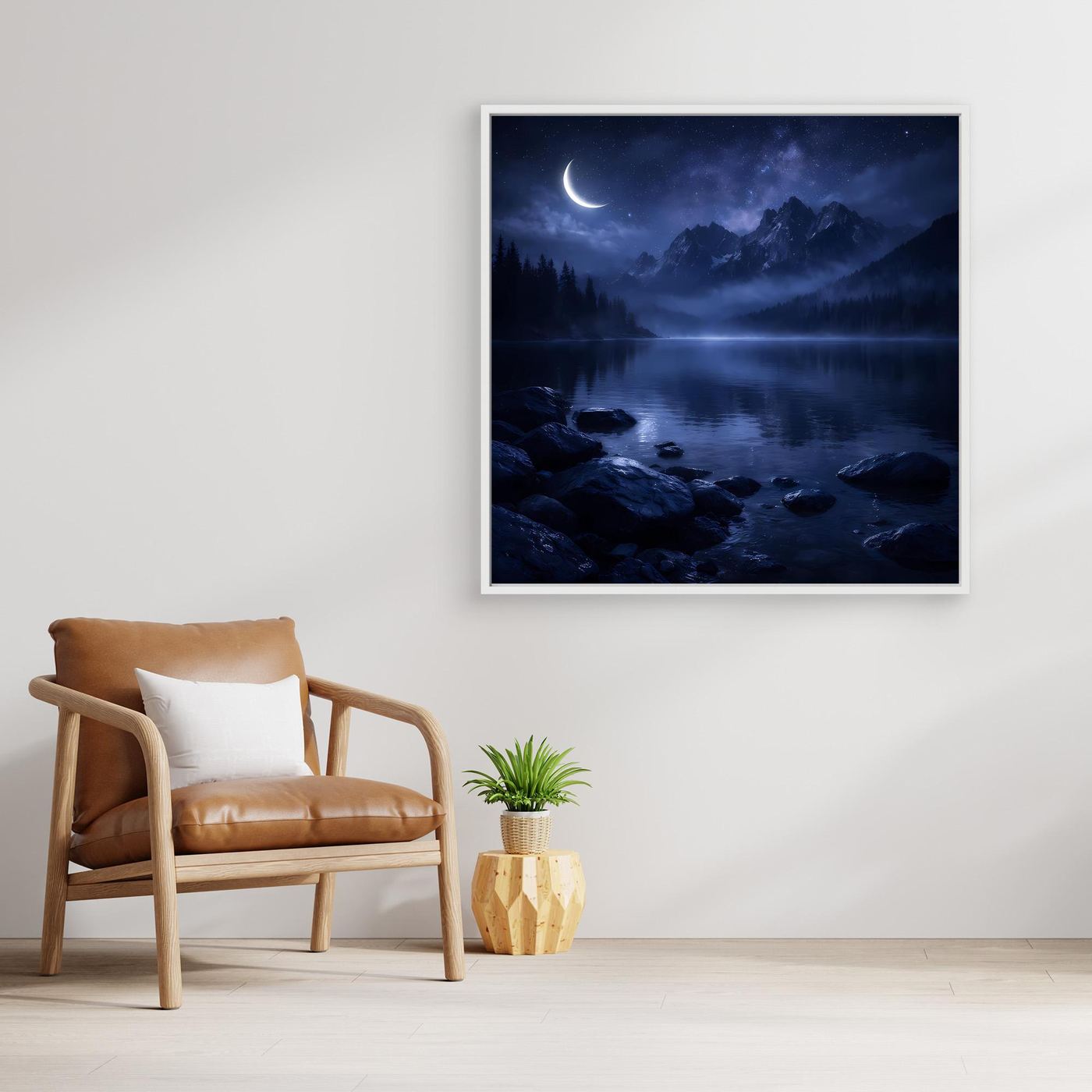 Leinwandbild Nachtlandschaft mit Mond über Bergsee, weiß gerahmt