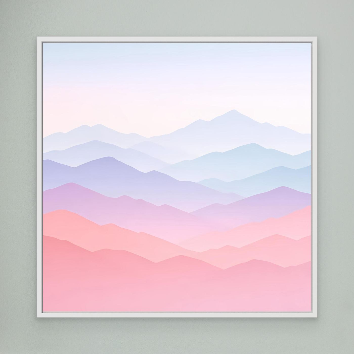 Leinwandbild mit hellem grauem Rahmen, pastellige Berglandschaft im Minimalstil
