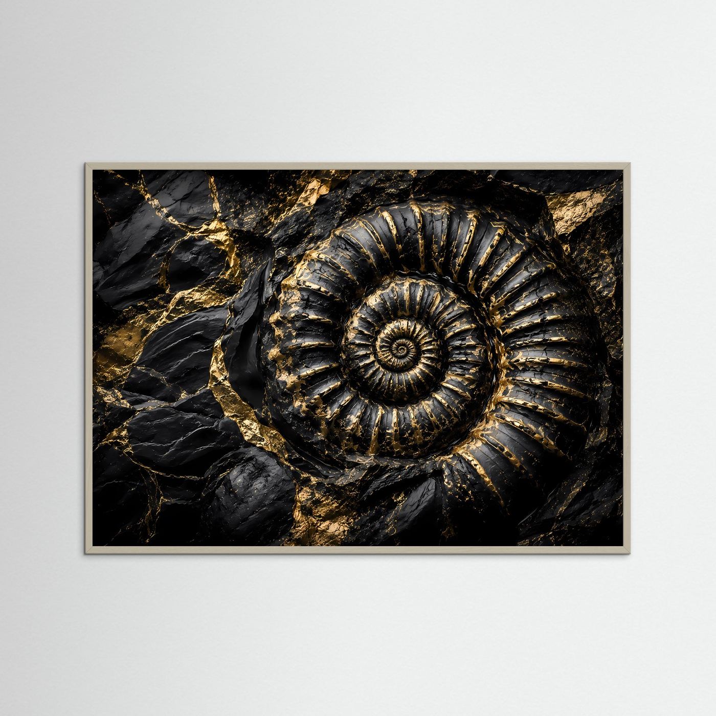Ammonit Fossil Wandbild | Schwarz Gold Kunst | Geologie Poster | Luxus Leinwand | Prähistorische Natur Wanddeko | Moderne Wall Art