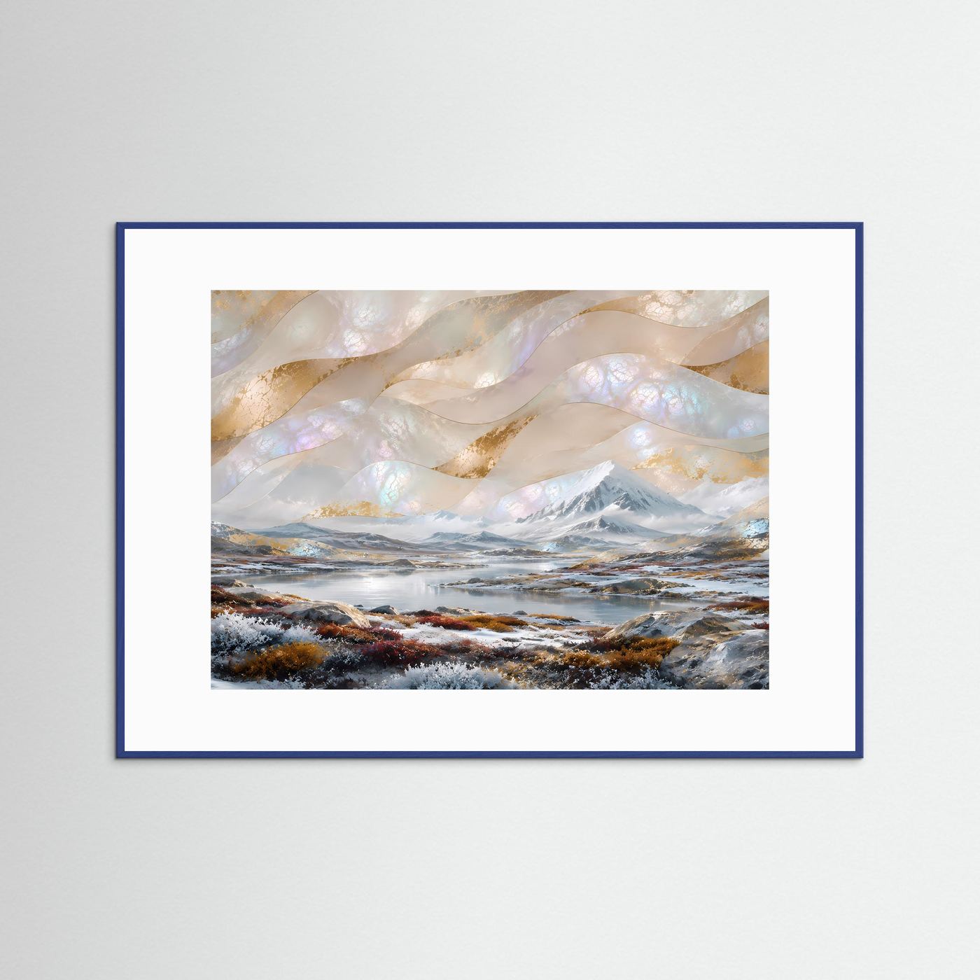 Poster mit abstrakter Winterlandschaft, Berge und See; blauer Rahmen