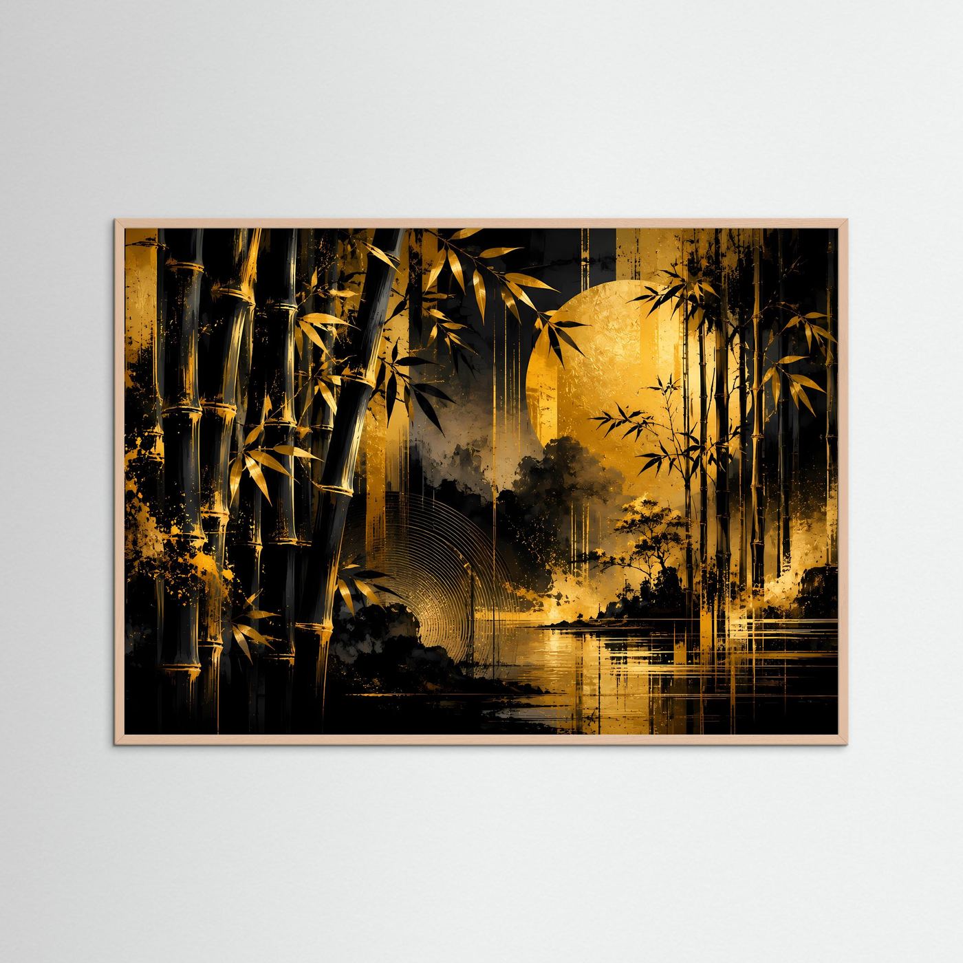 Goldener Bambuswald bei Mondlicht | Elegante asiatische Naturkunst in Schwarz & Gold mit Wasserreflexion | Luxuriöse abstrakte Wandkunst