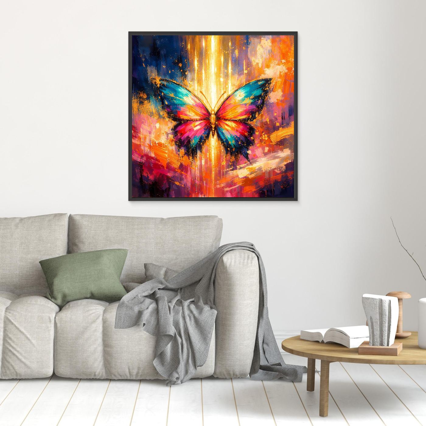 Wandbild mit farbenfrohem Schmetterling im Lichtstrahl auf Leinwand, im schwarzen Rahmen