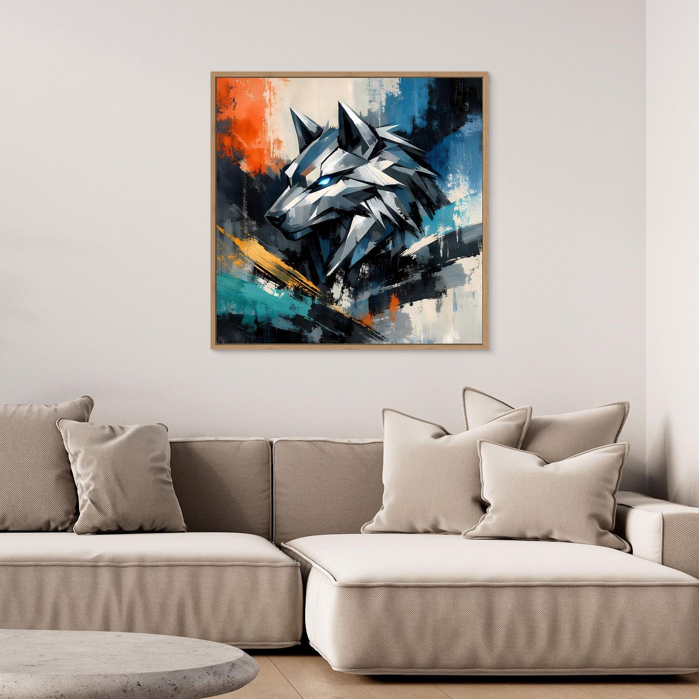 Gerahmtes Leinwandbild mit geometrischem Cyber-Wolf, Mecha-Abstrakt in Blau und Orange