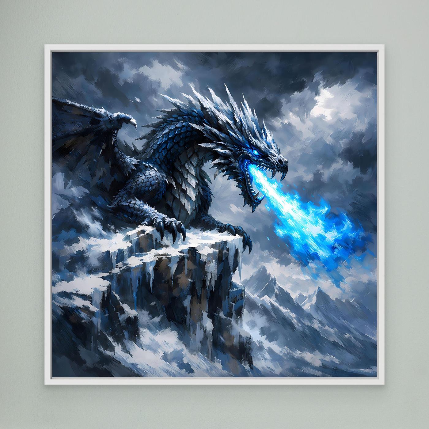 Leinwand Eisdrache auf stürmischem Berggipfel | Episches Fantasy-Wandbild auf echter Leinwand
