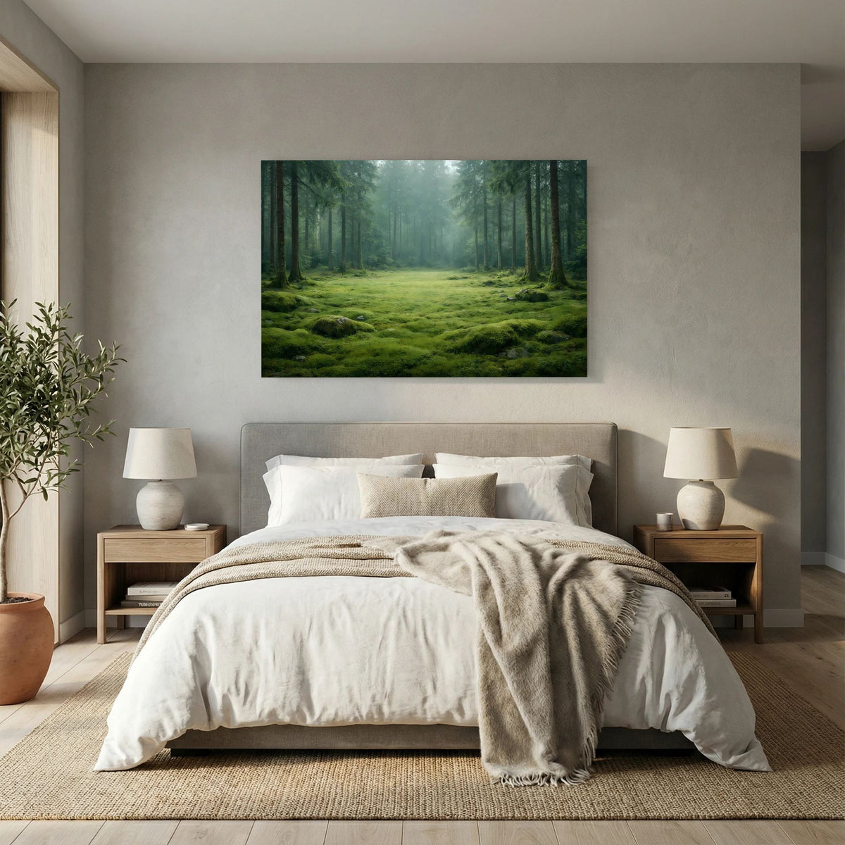 Wandbild Querformat: moosbedeckter Waldweg und Nebel in dunklen Baumreihen.