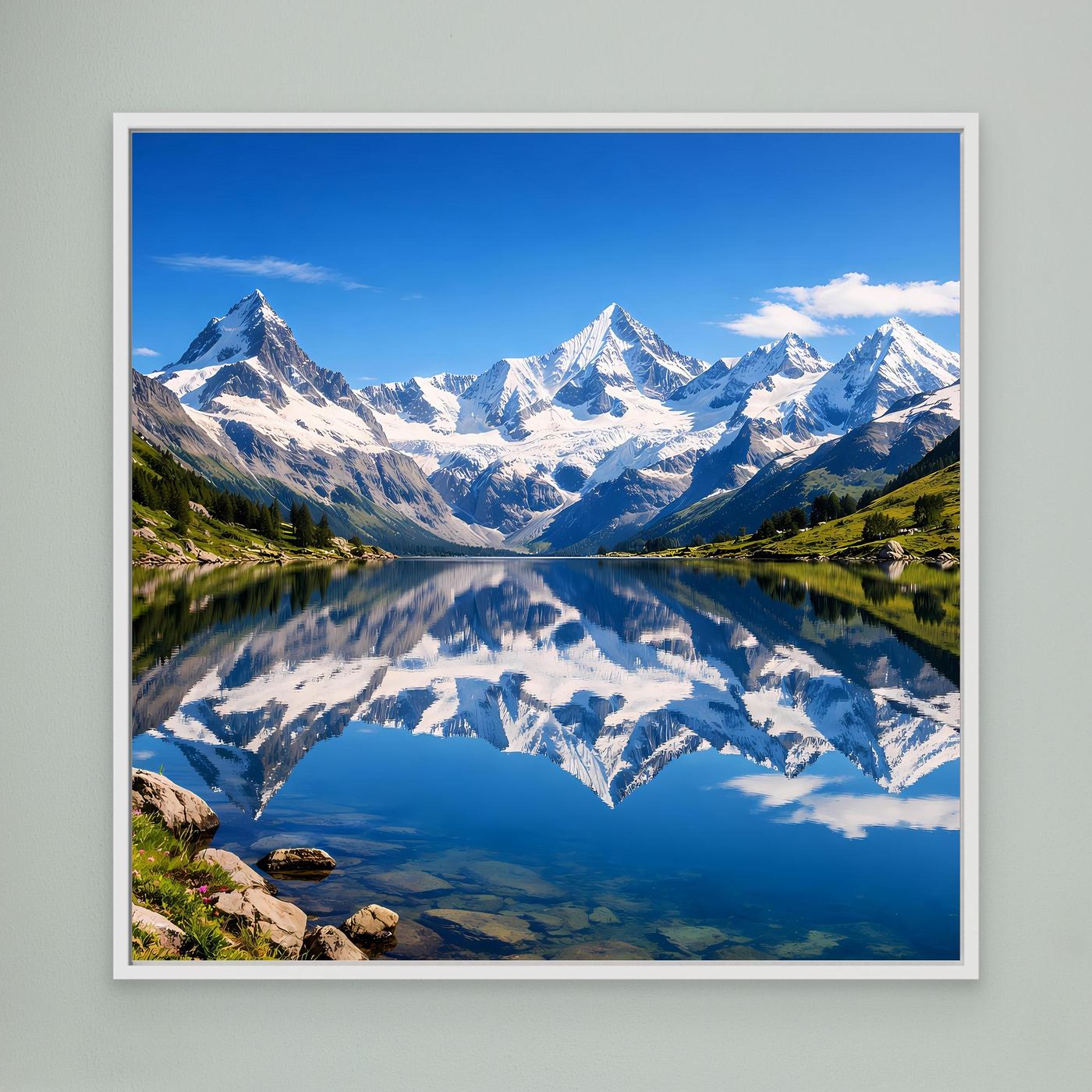 Leinwandbild Alpen-Bergsee mit Spiegelung und Bergpanorama, weiß gerahmt