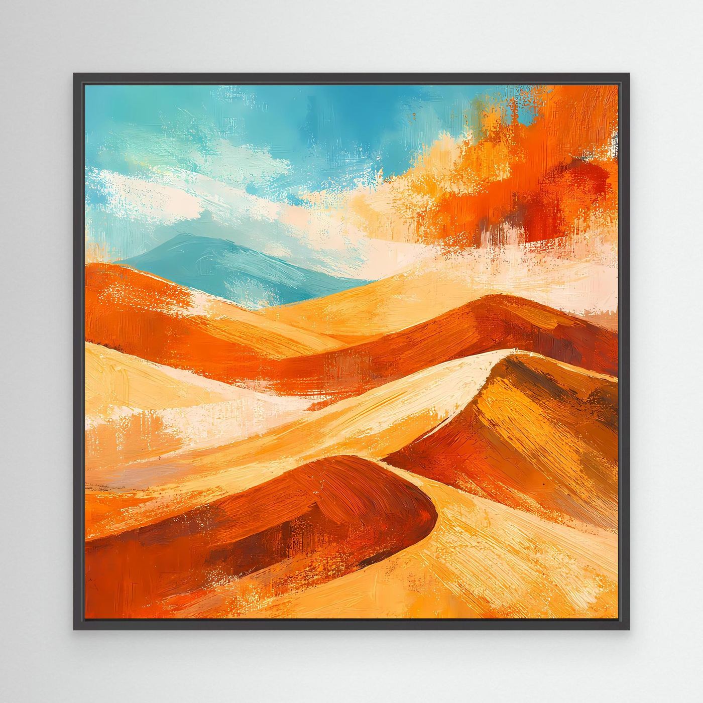 Abstract desert landscape canvas art with orange and gold dunes in a black frame