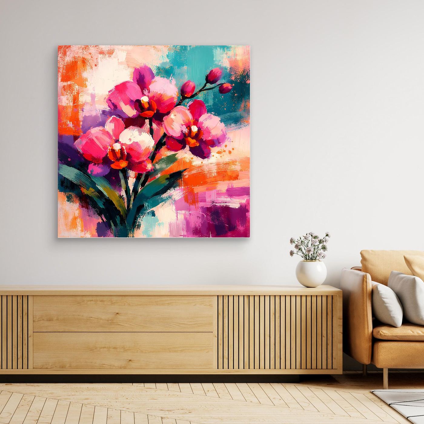 Abstraktes Orchideen-Leinwandbild mit buntem Blütenstrauß und violetten Farbbereichen