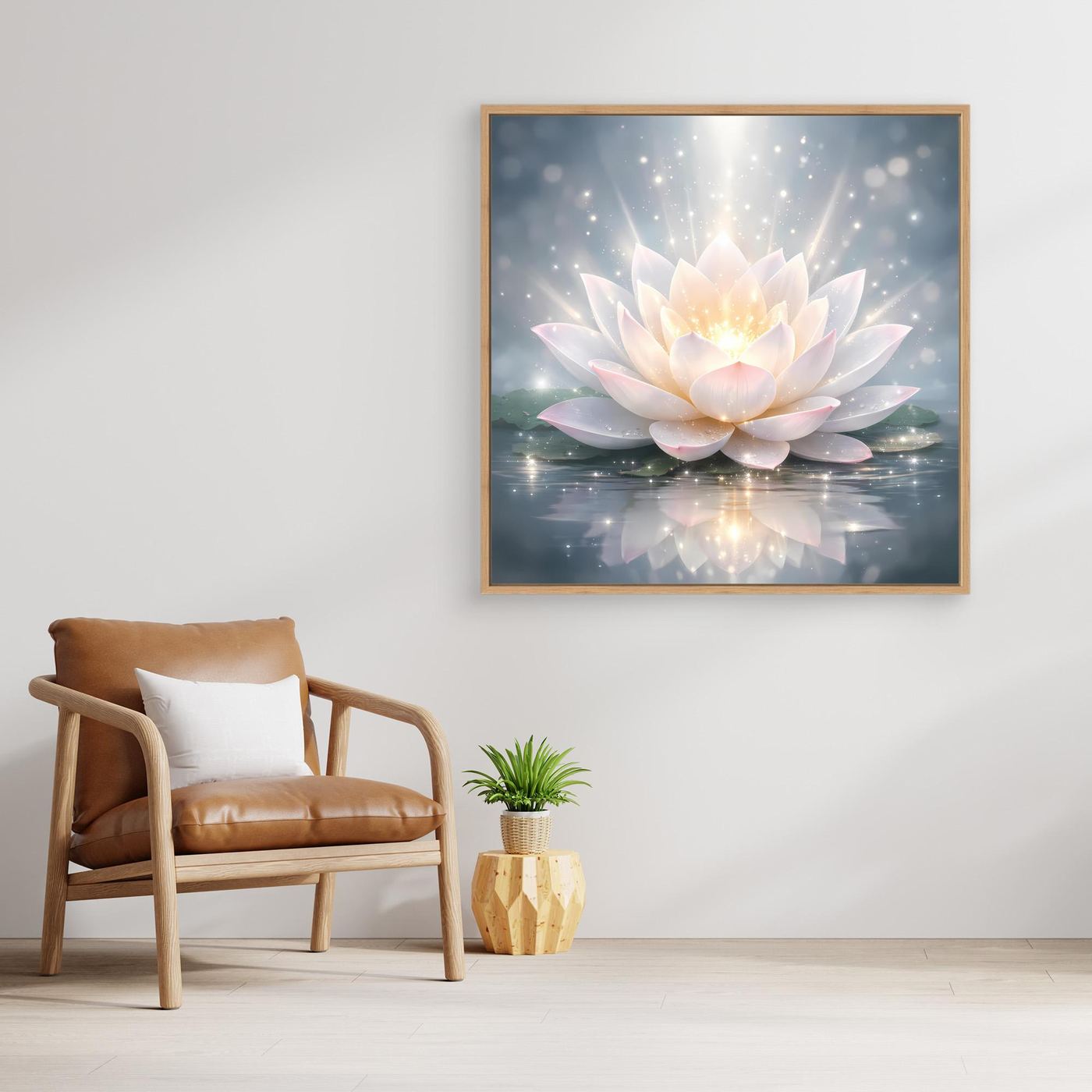 Leinwandbild mit leuchtender Lotusblüte im Eiche-Rahmen, hellrosafarbene Blütenblätter
