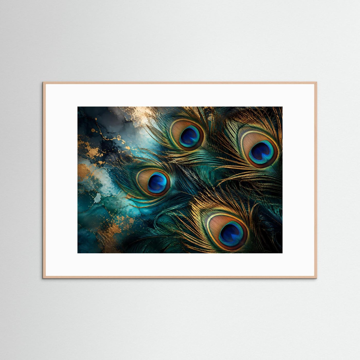 Pfauenfedern Poster | Elegante Pfauenfeder Wandkunst mit Goldakzenten | Luxuriöse Abstrakte Naturkunst | Türkis Blau Gold | Premium Leinwand & Wall Art