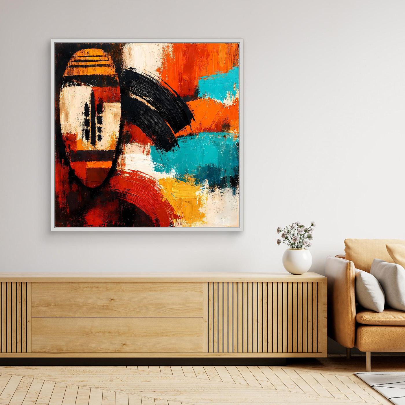 Framed abstract African mask canvas, orange, teal, red and black accents
