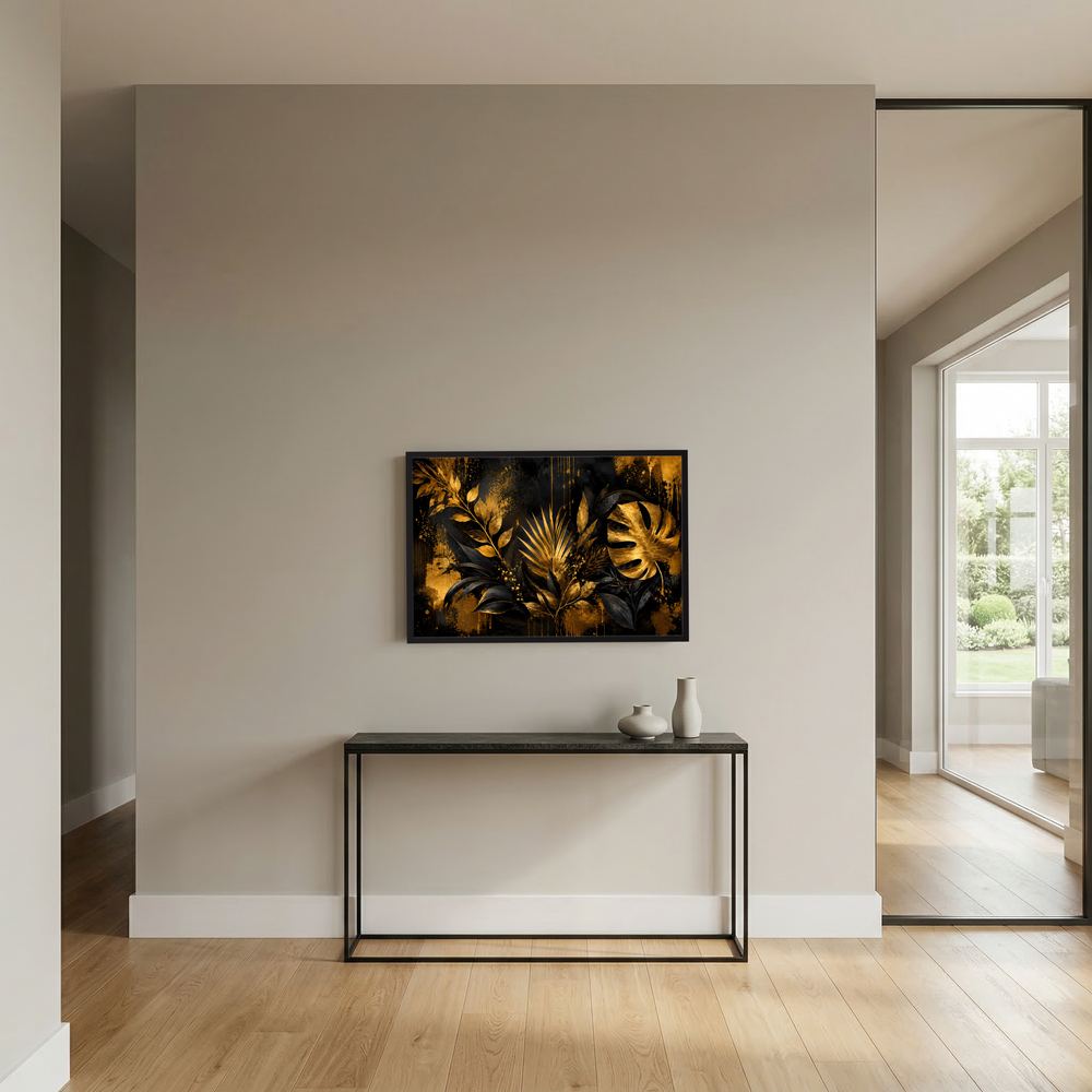 Botanisches Wandbild mit goldenen Monstera-Blättern auf dunklem Hintergrund, schwarzer Rahmen