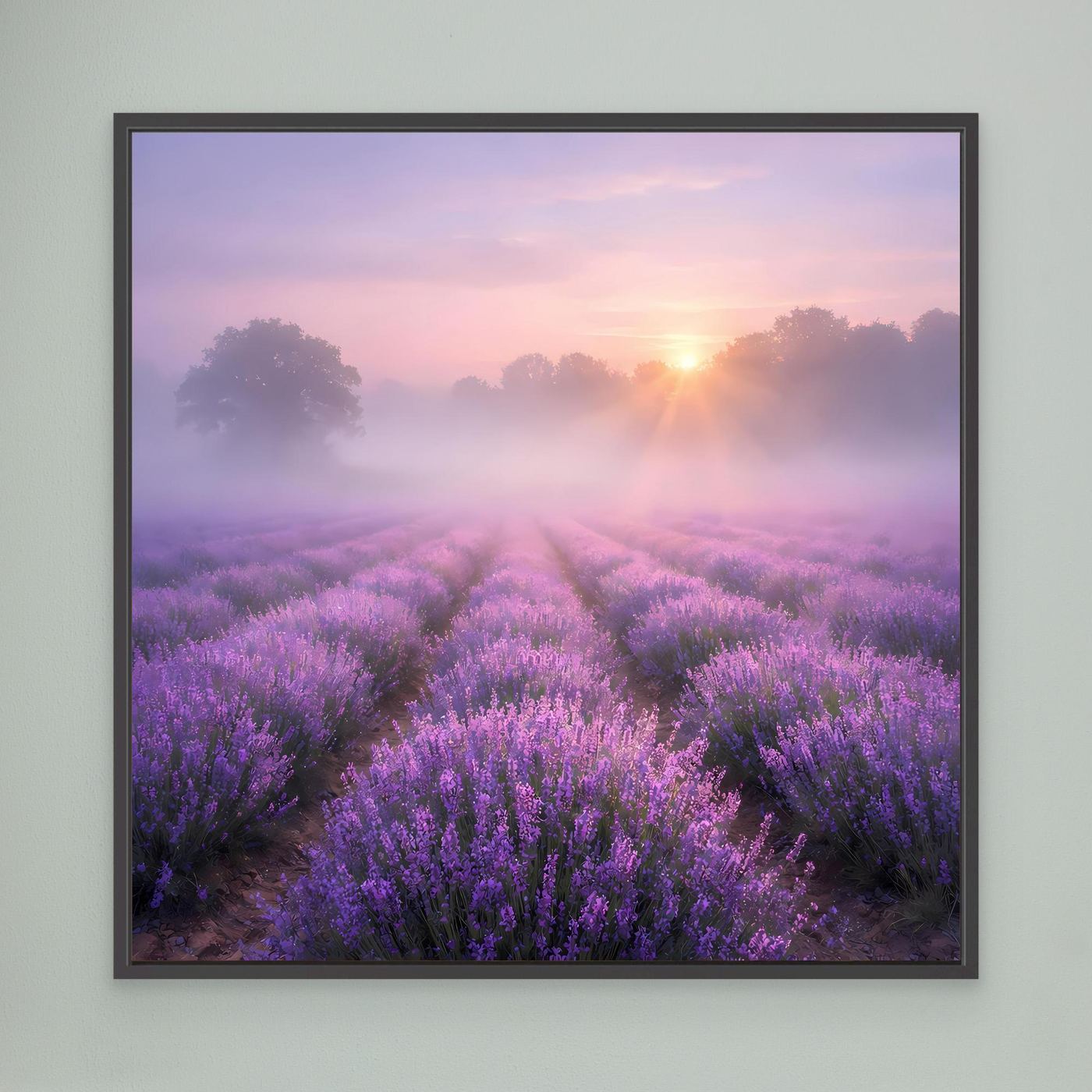 Leinwandbild mit Lavendelfeld im Nebel, schwarz gerahmt