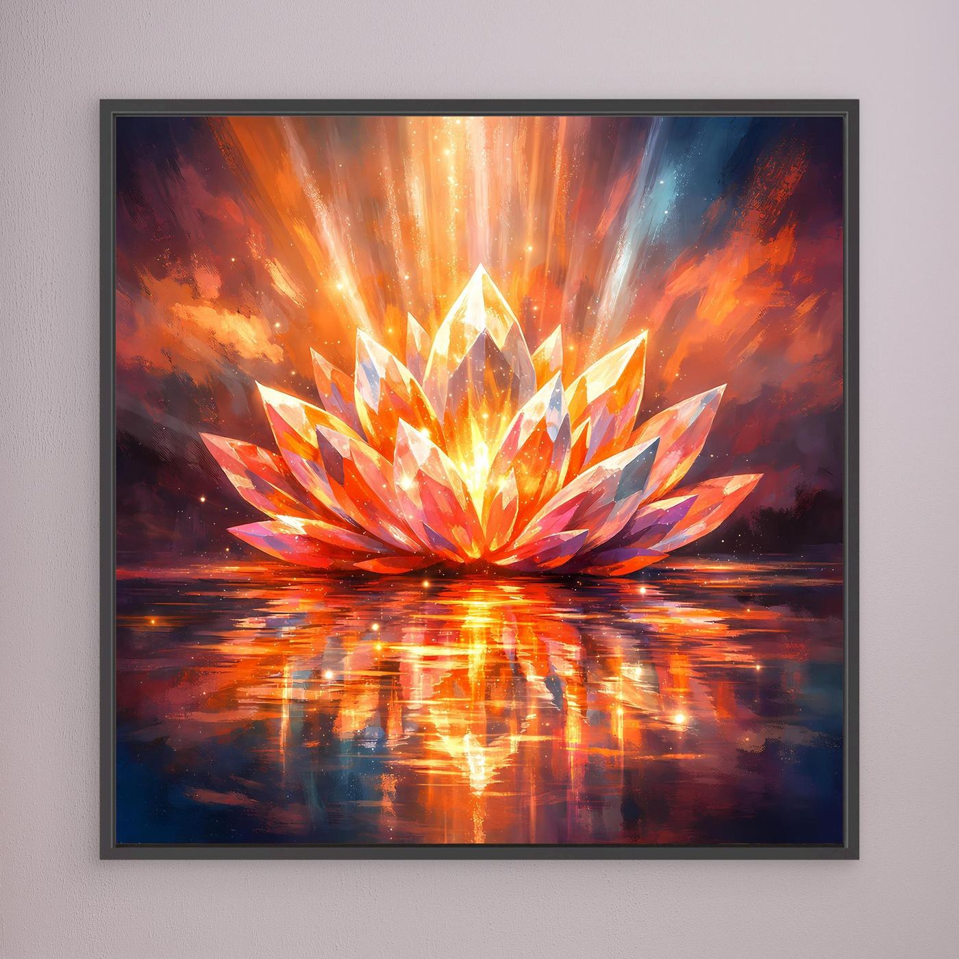 Leinwandbild mit leuchtender Lotusblüte, orange-gelben Strahlen und Spiegelung, schwarzer Rahmen