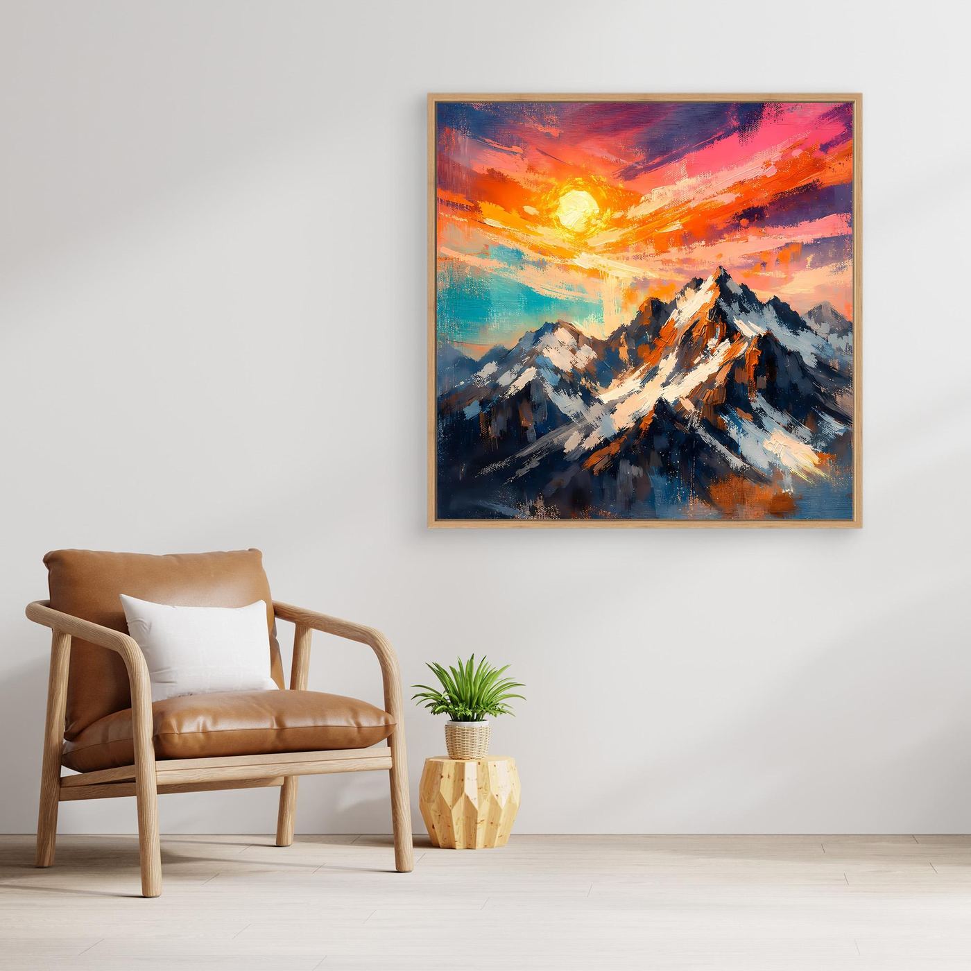 Leinwand Alpenglühen an verschneiten Berggipfeln | Abstraktes Gebirge Wandbild