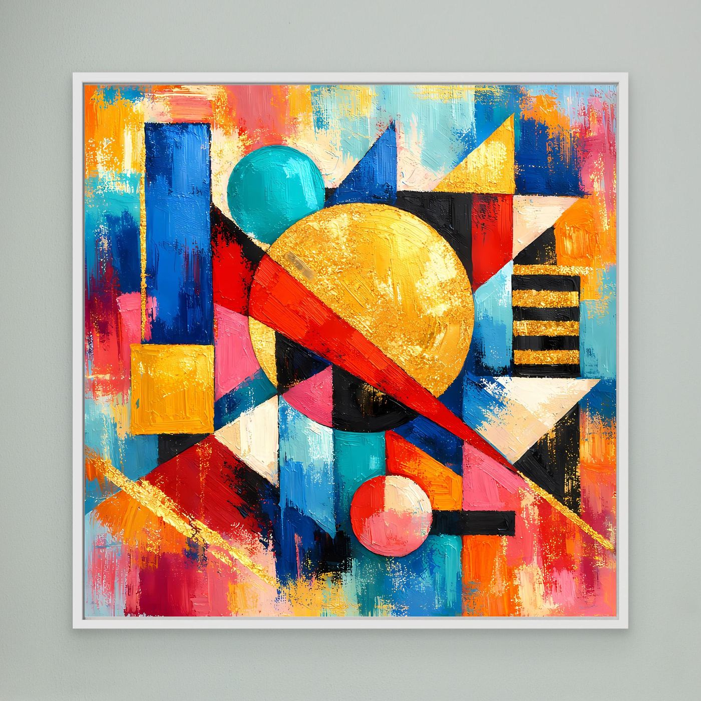 Gerahmtes Leinwandbild: abstrakte Geometrie mit Goldkreis, Blau- und Rottönen.