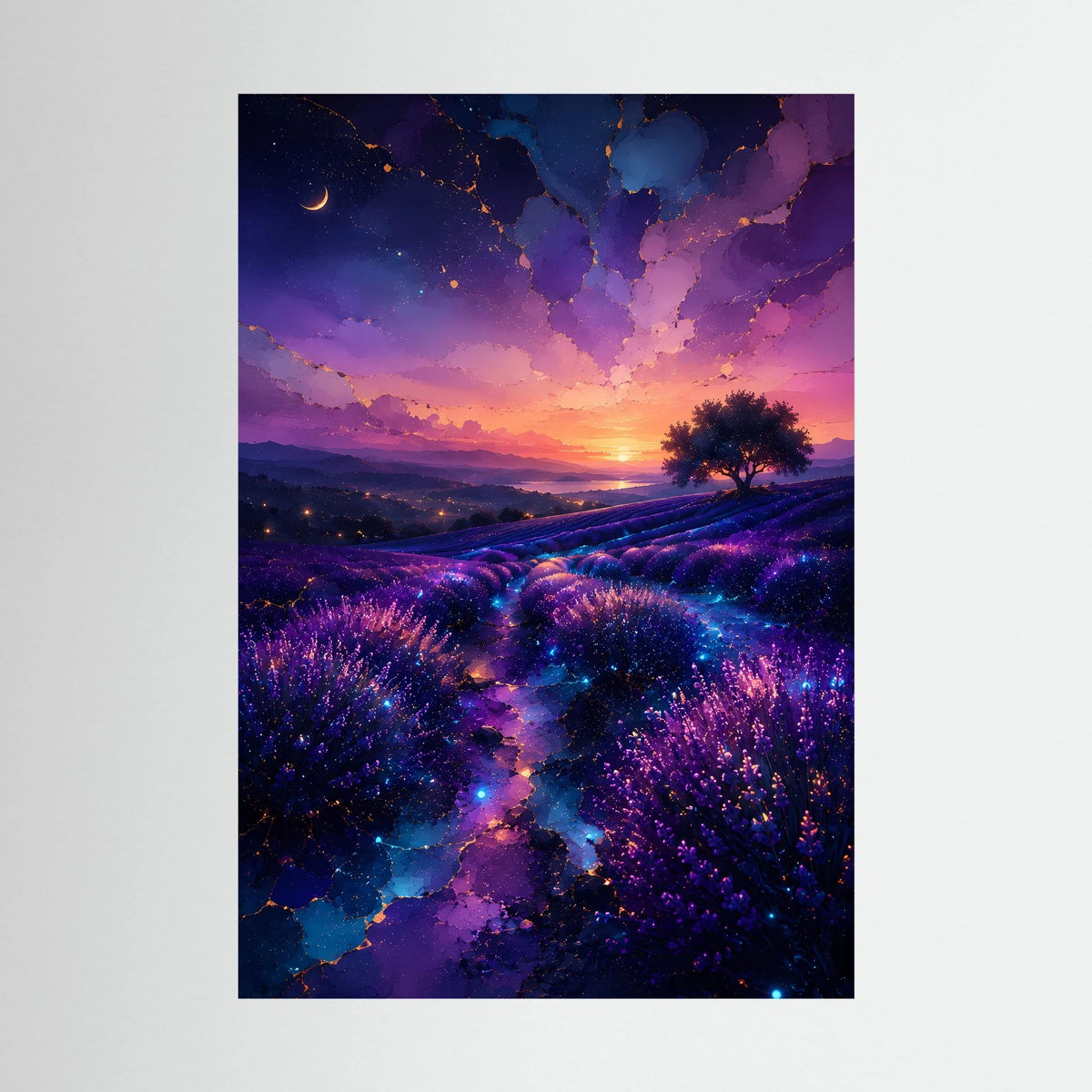 Hochformat-Poster mit leuchtendem Lavendelfeld in Violett und Blau