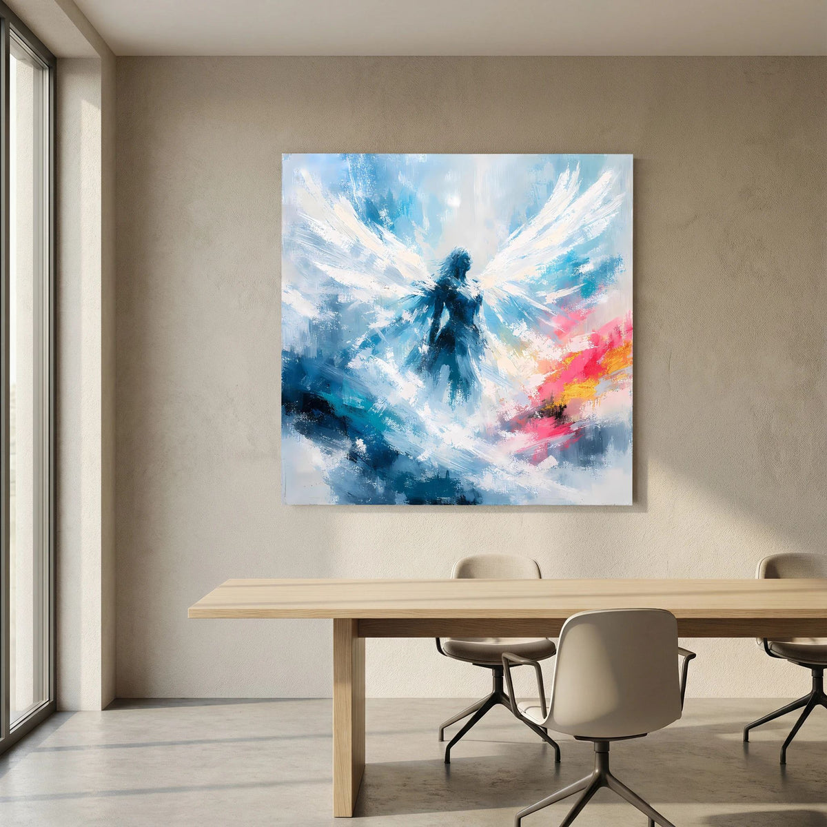 Quadratisches Leinwand-Wandbild mit abstraktem Engelmotiv in Blau-Weiß und rosa Farbsäumen.
