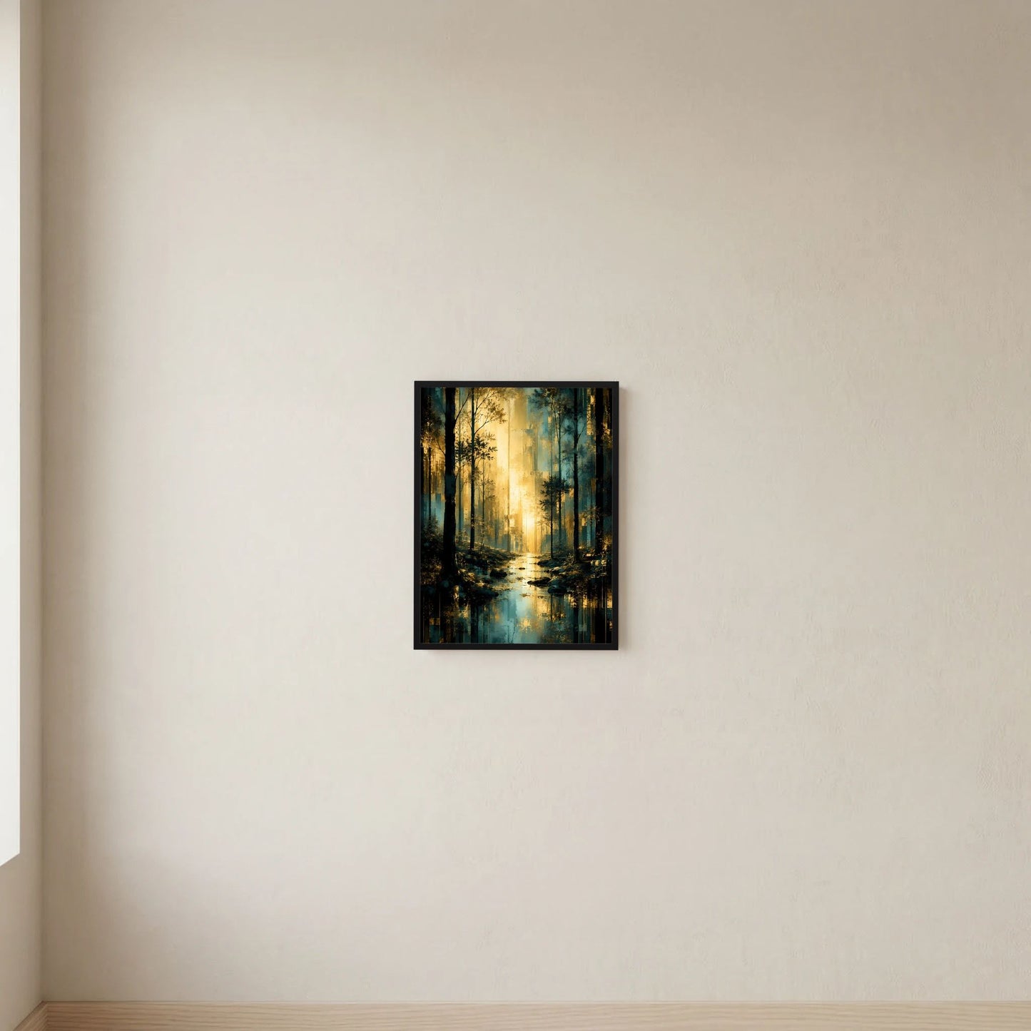 Hochformat-Poster mit stiller Waldszene in Türkis und Gold, schwarzer Rahmen