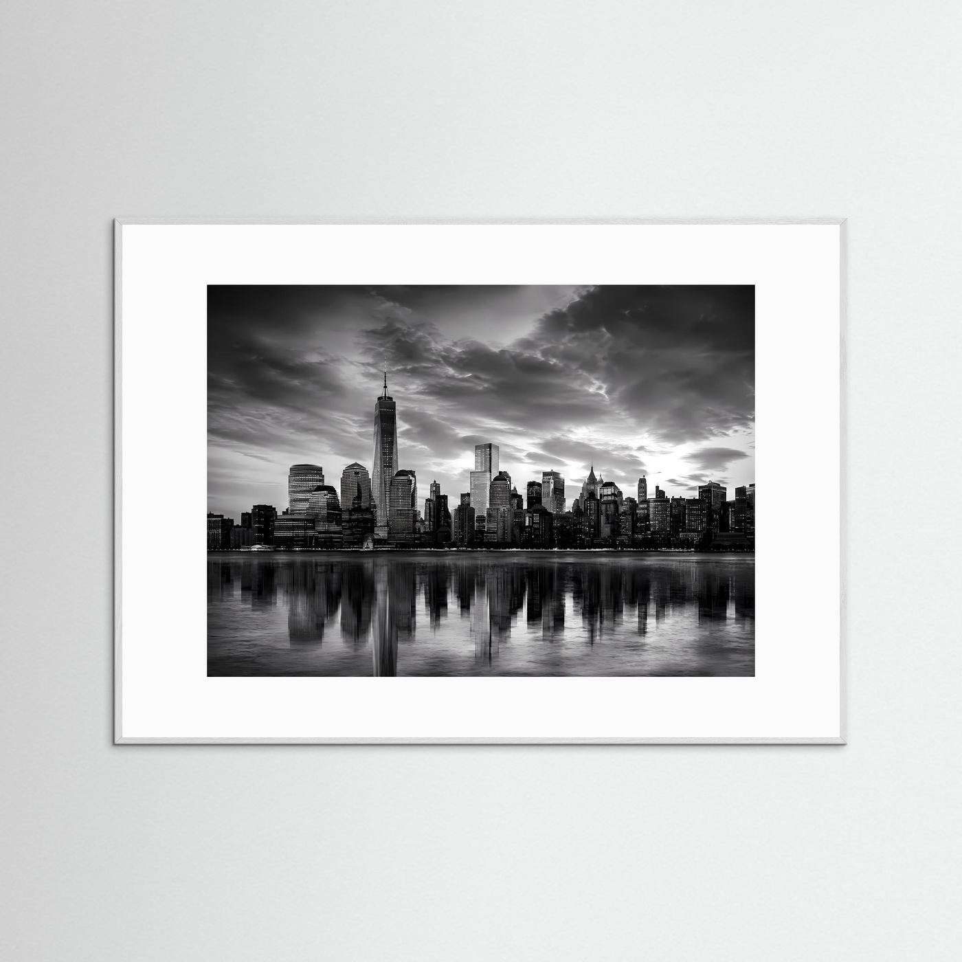 Schwarzweiß-Poster der Manhattan-Skyline, Querformat, graue Rahmung