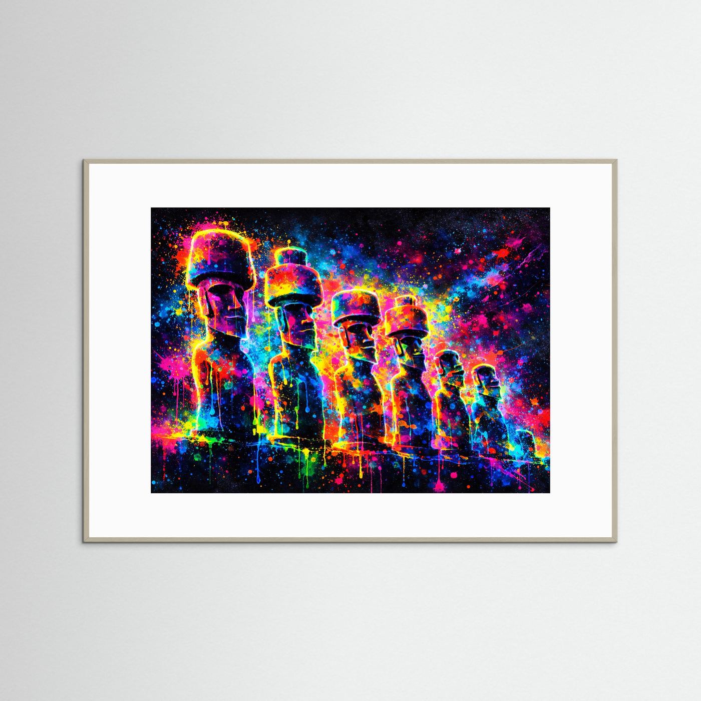 Farbenfrohe Moai Statuen mit Kopfbedeckung | Neon Pop Art & Osterinsel Wandbild Querformat