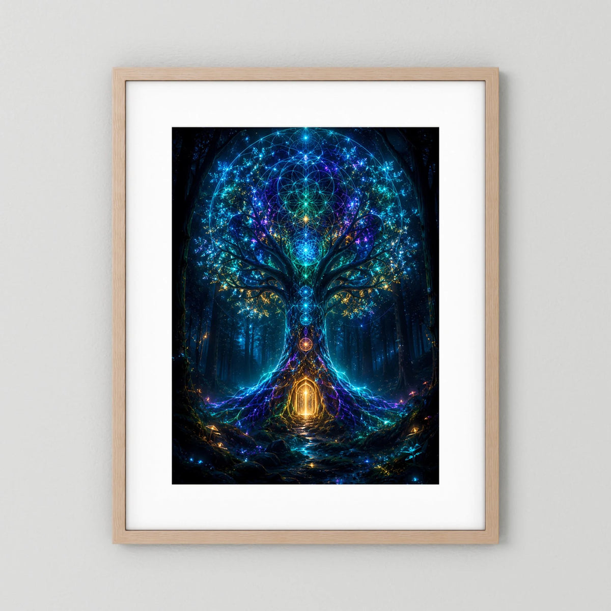 Hochformatiges Poster mit leuchtendem Baum-Motiv im beigen Holzrahmen mit weißem Rand