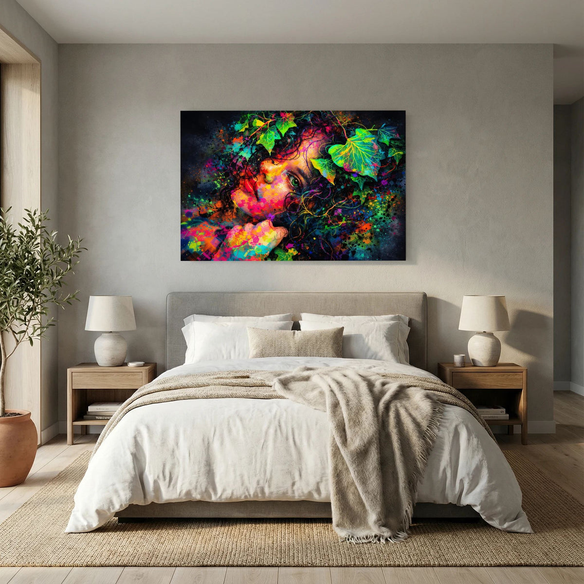 Wandposter Querformat mit surreales Porträt und Blätterkrone, bunte Farbflecken im Farbnebel.
