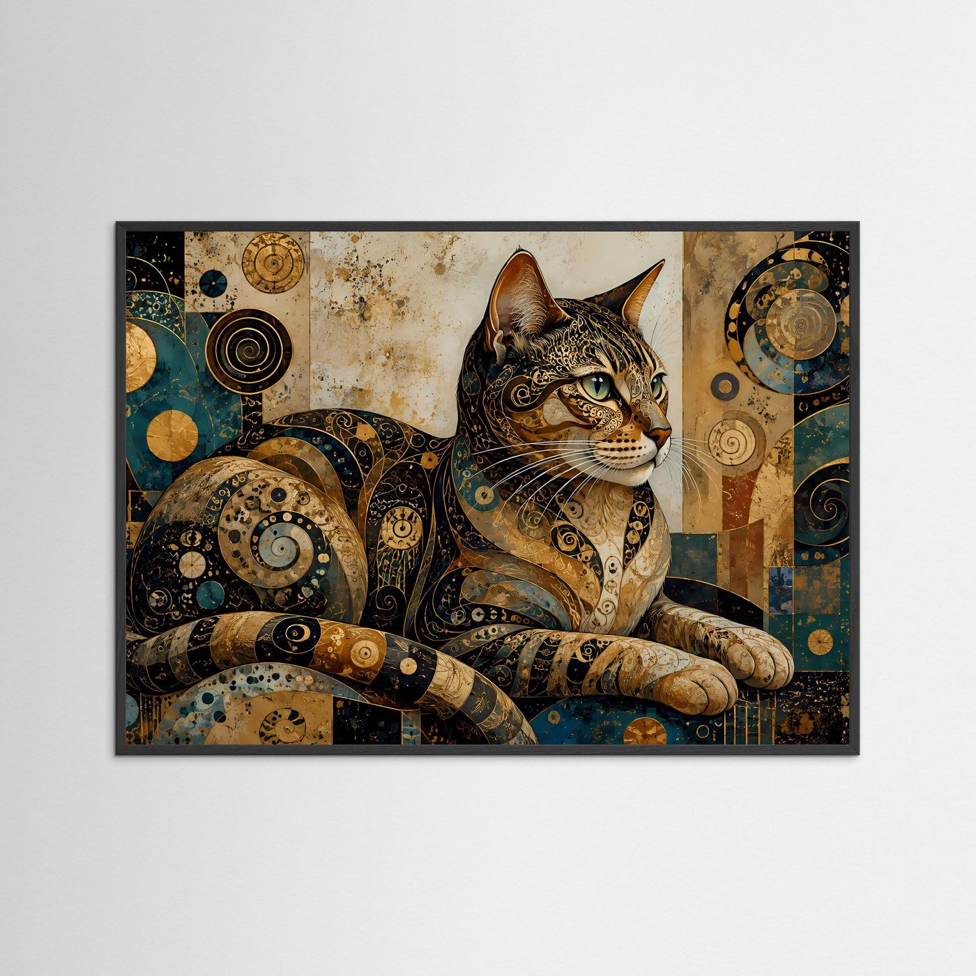 Ornamentales Katzenmotiv im Querformat mit schwarzem Rahmen