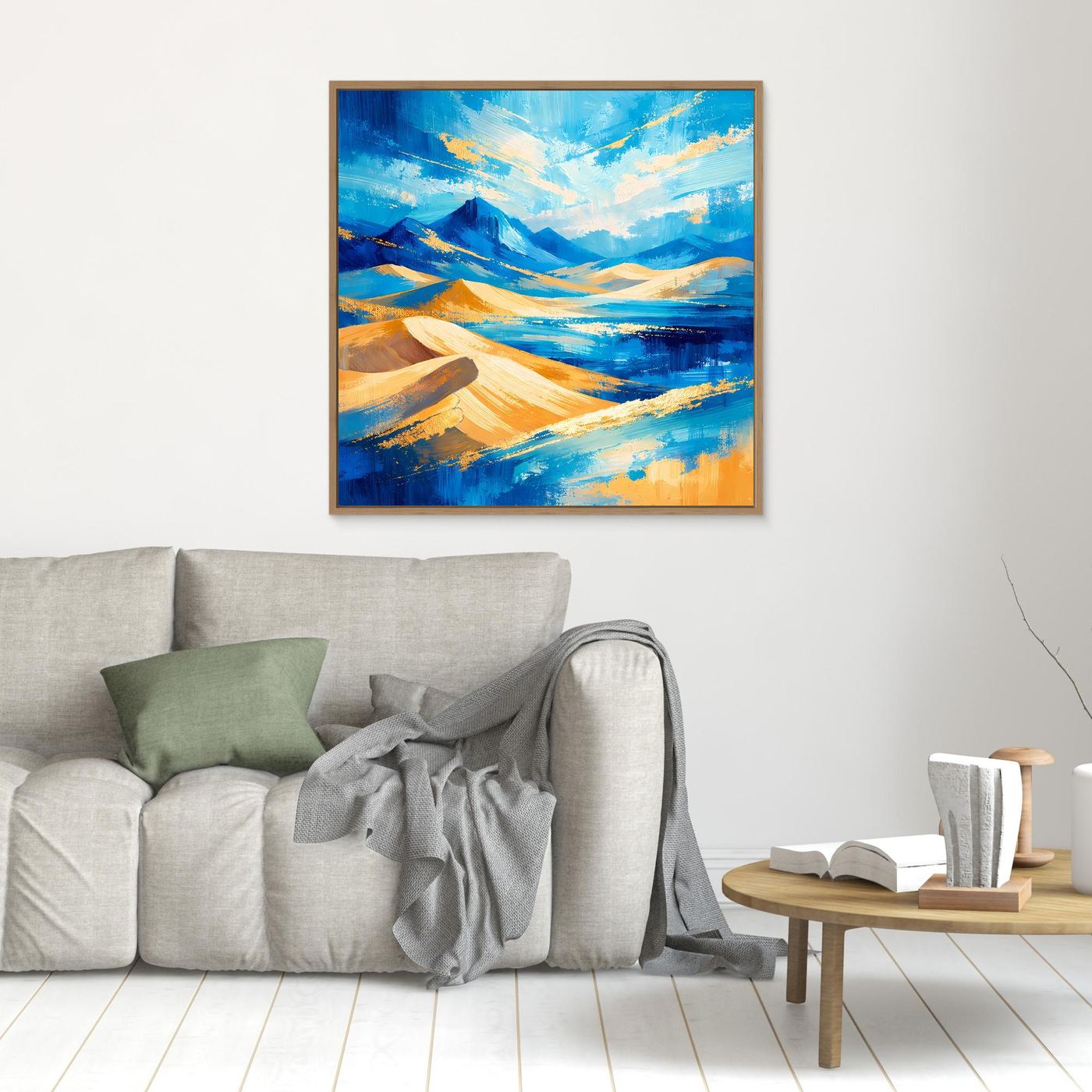 Leinwandbild abstrakte Berglandschaft in Blau und Gold auf Wand, goldener Rahmen