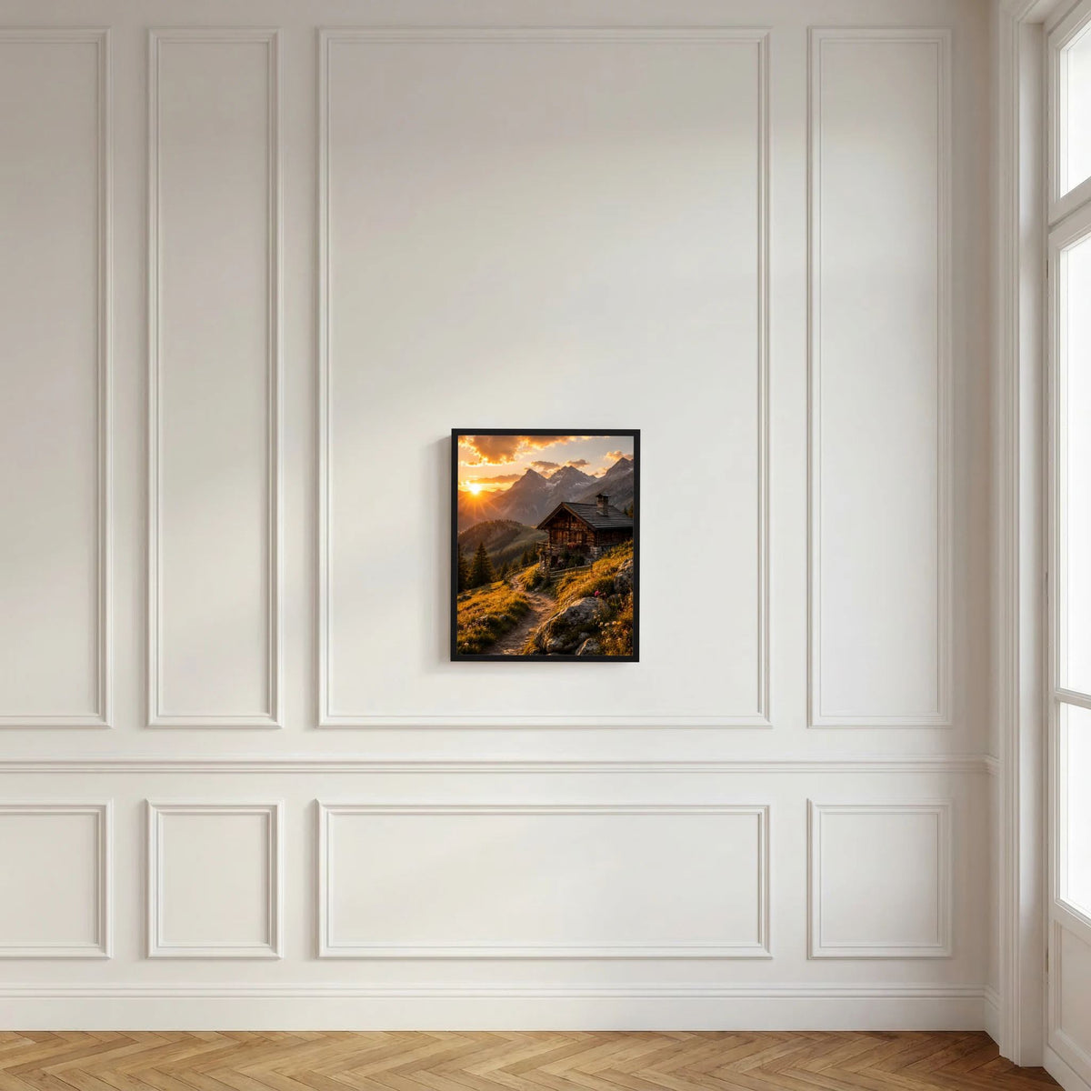 Gerahmtes Hochformat-Poster mit Holzberghütte und Sonnenuntergang im Gebirge